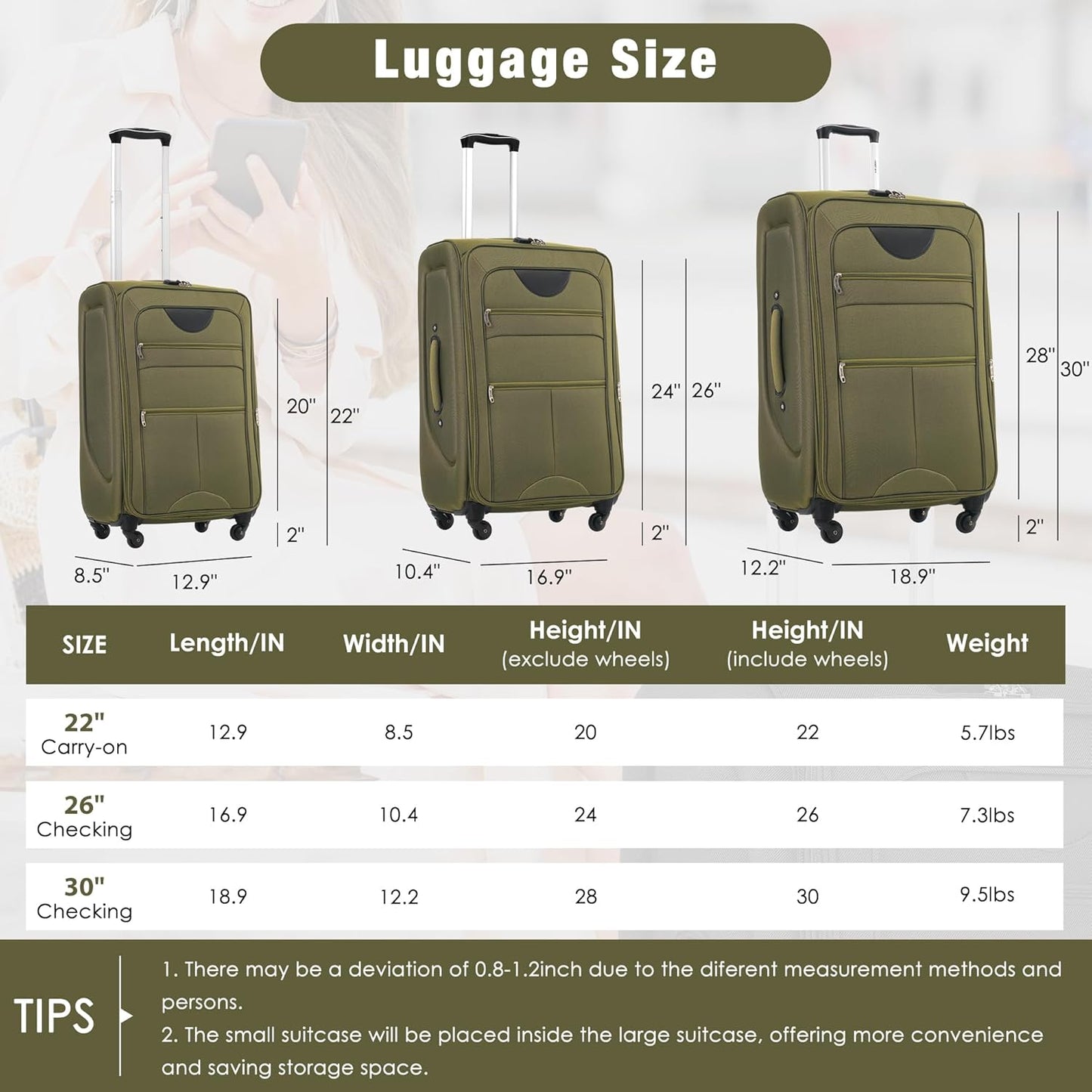 Merax Softside Luggage Set 3 Piece Suitcase with Duffel Bag Spinner Wheels Lightweight Expandable Travel Luggage 22" 26" 30",Army Green
