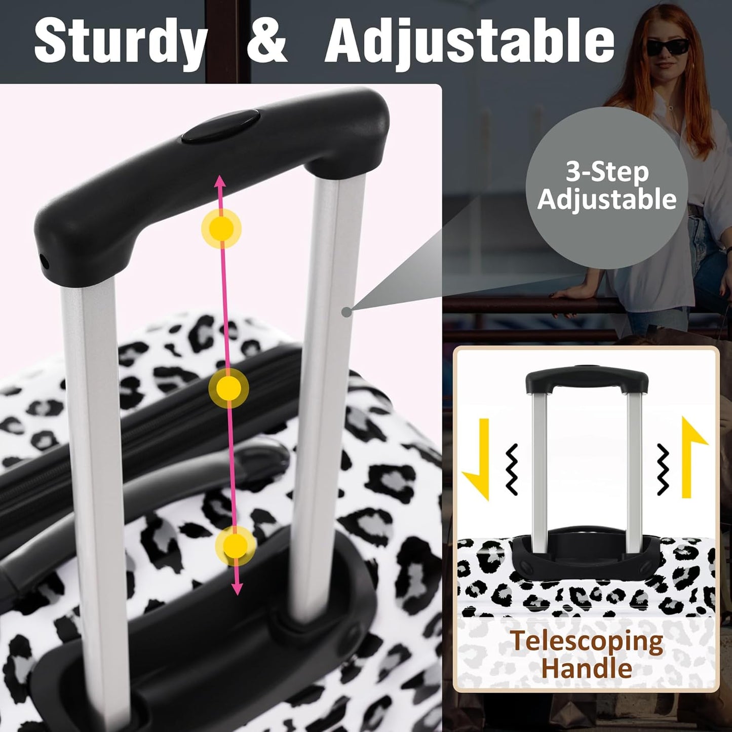 Merax Luggage Sets 3 Piece, Hardside Expandable Suitcase Set with Spinner Wheels, Lightweight Leopard Luggage 20+24+28 IN, Leopard White+Black