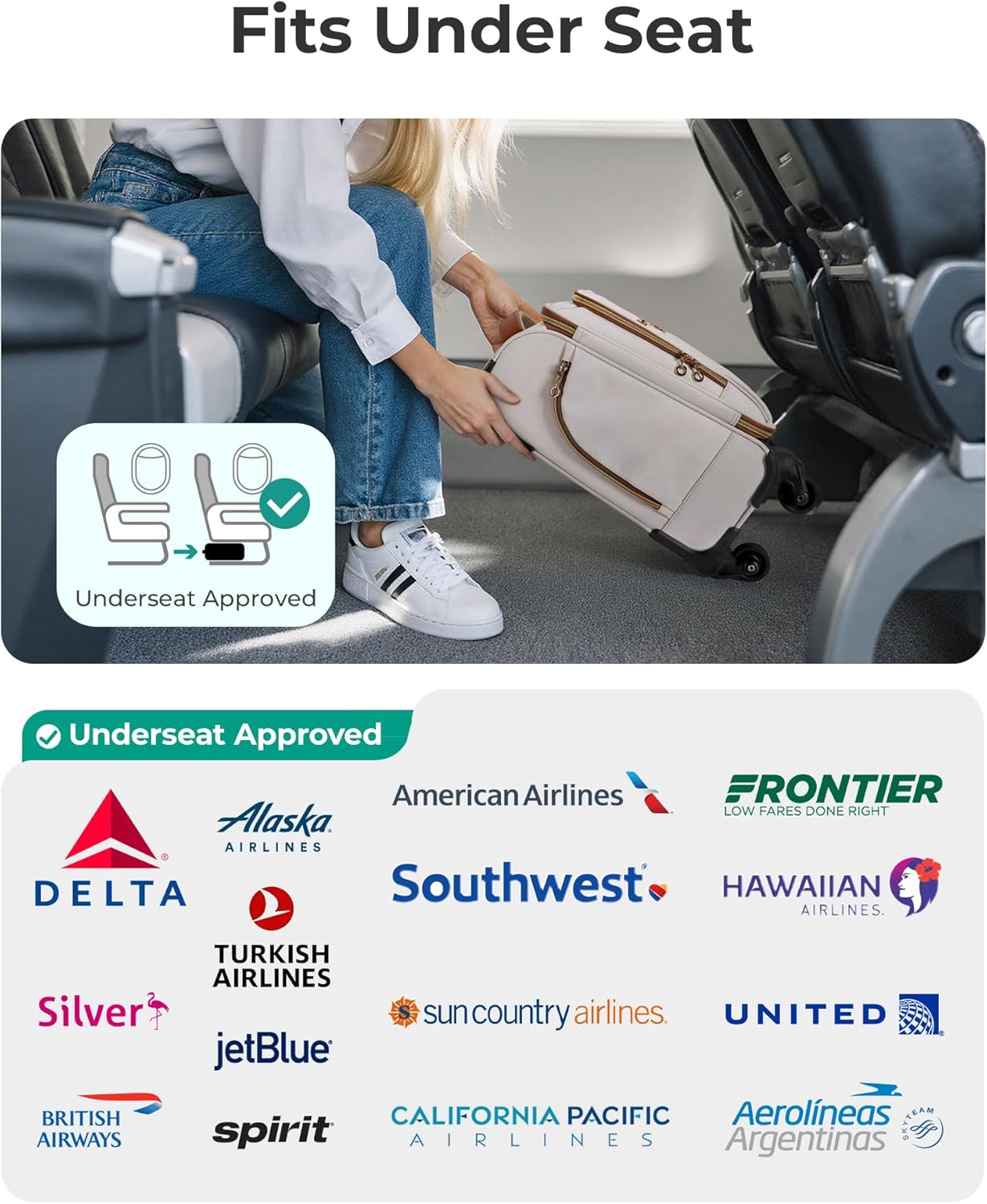 BAGSMART Underseat Carry On luggage Airline Approved, 16-inch Small Softside Underseater Travel Suitcase with Spinner Wheels Overnight Bag Small Rolling Carry-on for Women Men Weekender,Beige