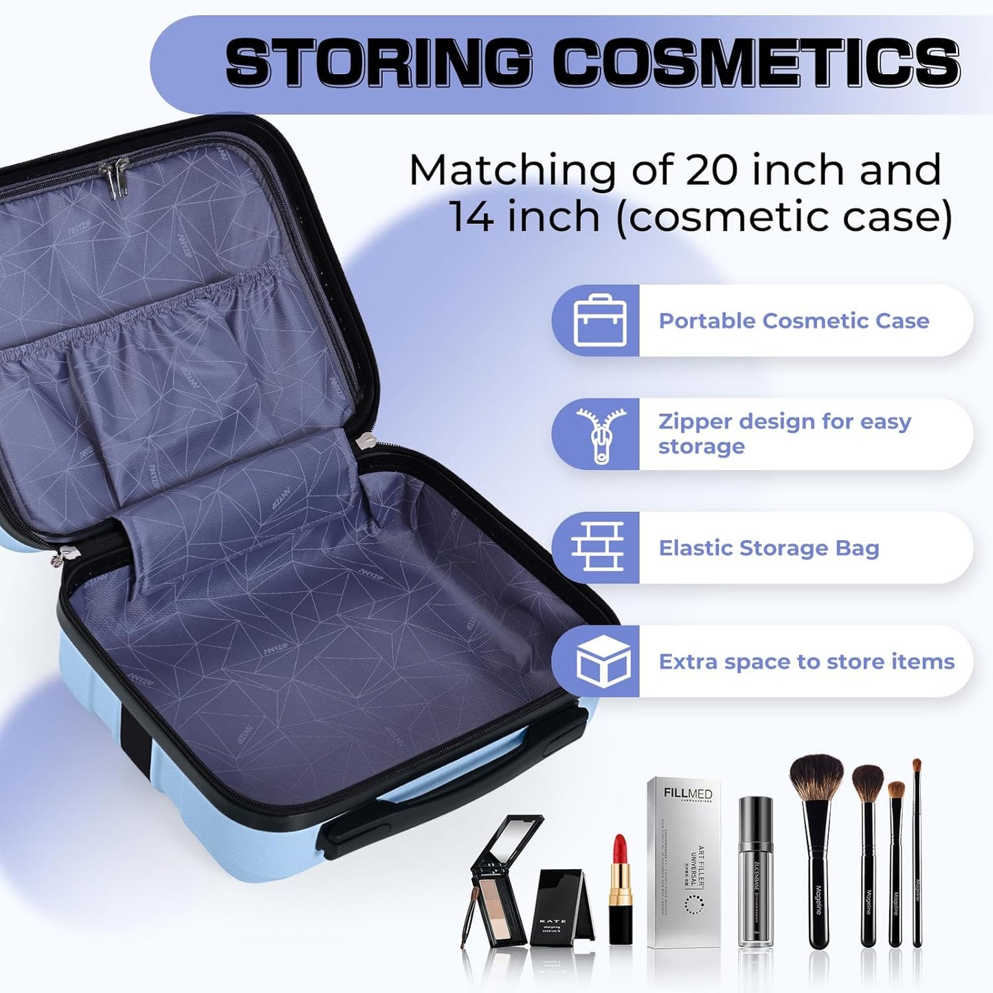 AnyZip Carry On Luggage 2PCS Luggage Set PC ABS Hardshell Lightweight Suitcase TSA Lock with 4 Spinner Wheels（14/20, Light Blue）