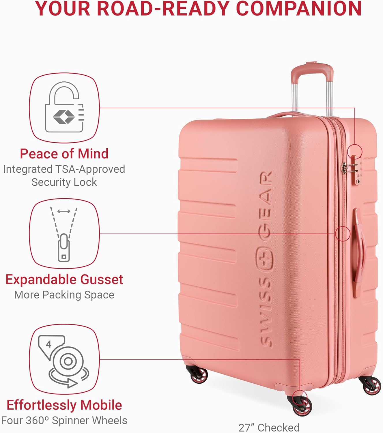 SwissGear 7366 Signature Hardside Expandable Luggage with Spinner Wheels, TSA Lock, Cup-Holder, Coral Almond, 3-Piece Set (19/23/27)