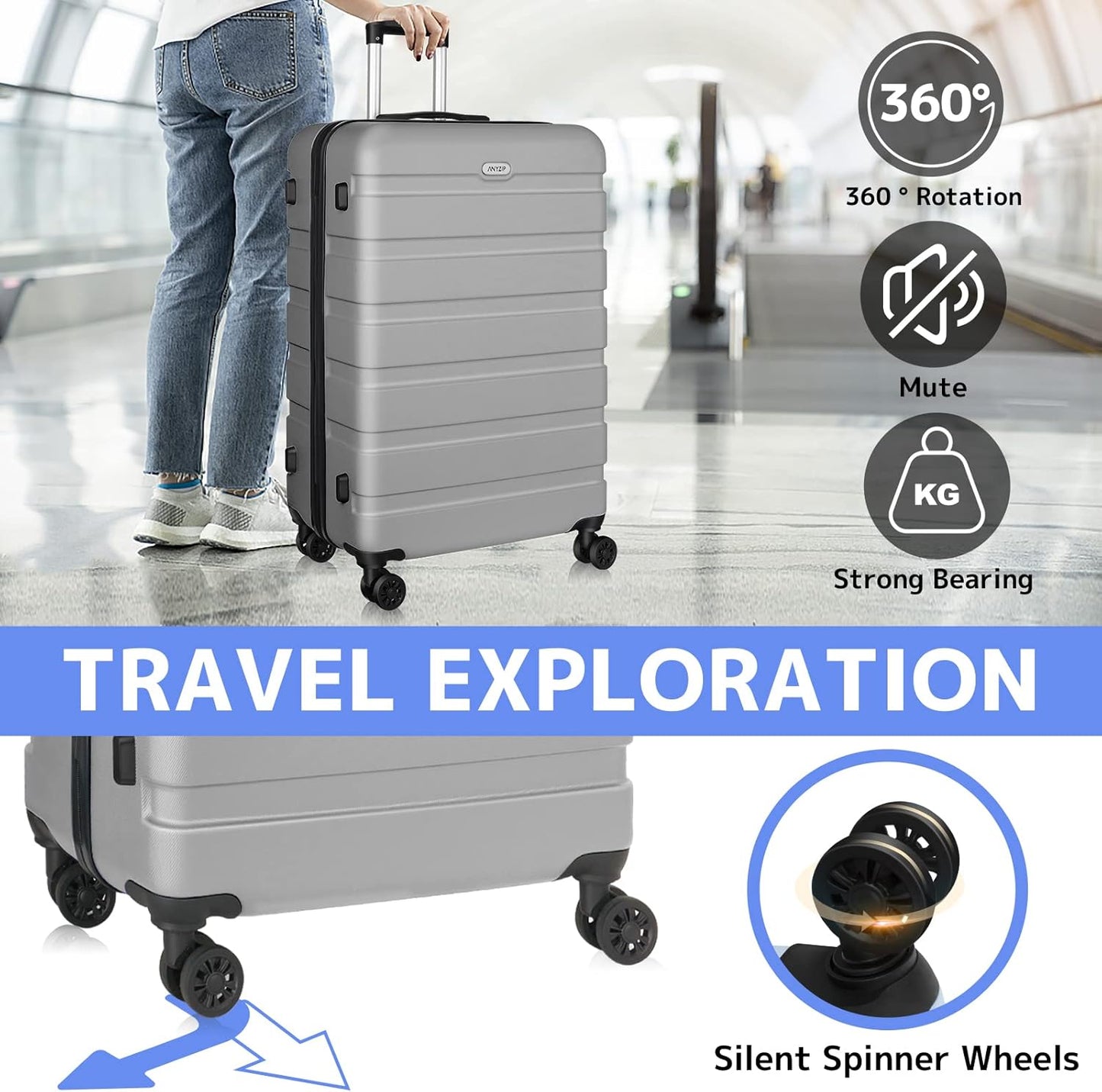 AnyZip Luggage PC ABS Hardside Lightweight Suitcase with 4 Universal Wheels TSA Lock Carry-On 20 Inch Silver