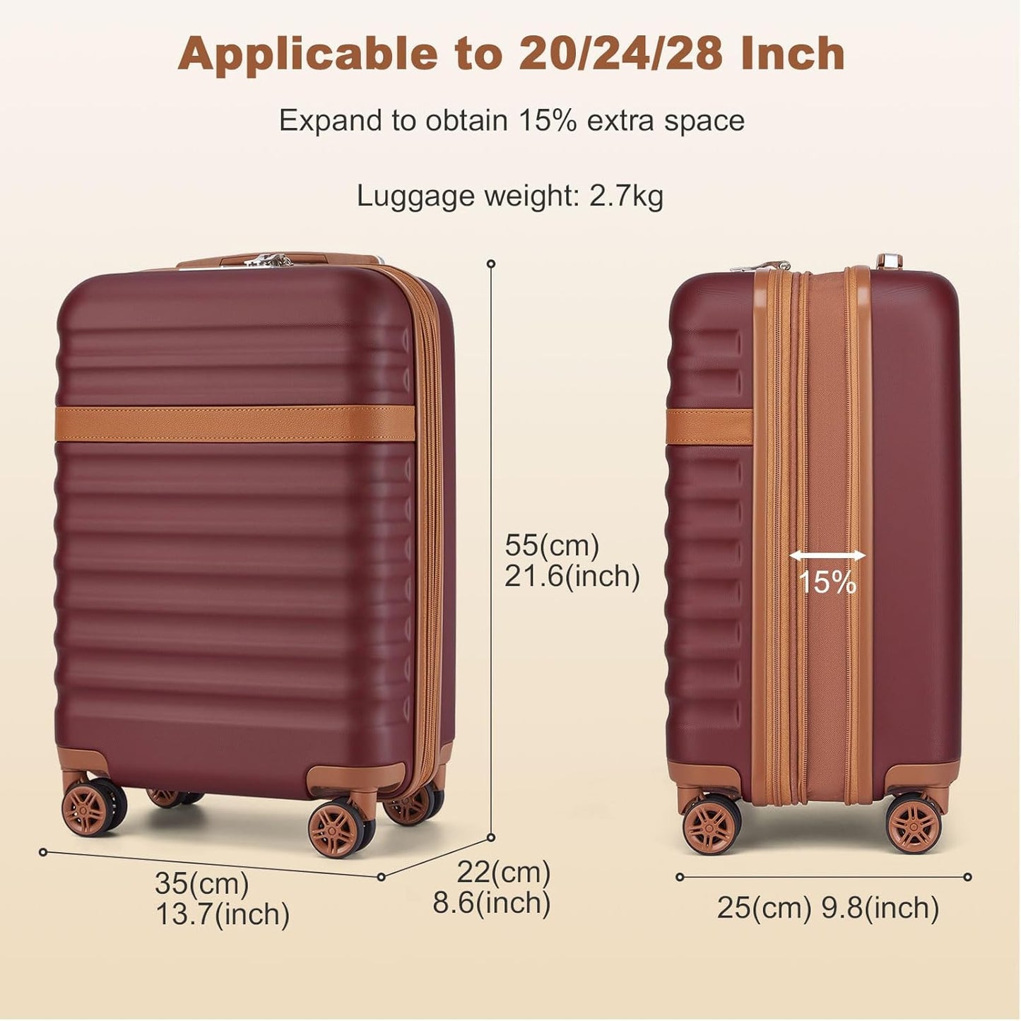 Kono Airline Approved Carry On Luggage 22x14x9 inches, with TSA Lock, 20 Inch Expandable Lightweight Hardshell Suitcase (Burgundy, Suitable for 1-3 Days of Travel)