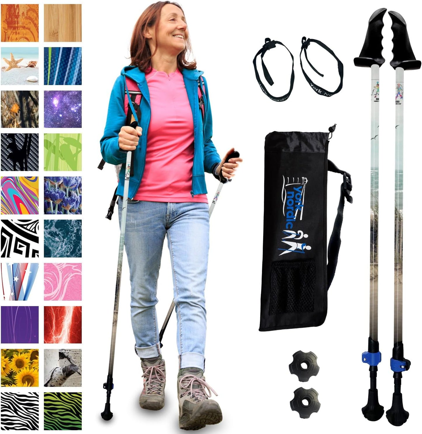 York Nordic Motivator Walking Poles for Balance and Rehab - Patented Stability Grips - Lightweight, Adjustable, and Collapsible - 2 Pieces Adjustable w/flip Locks - Heights 4'6" up to 6'2" - 230 lbs
