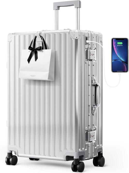 ALPHA CAMP 24 Inch Check-in Luggage, Dual Layer Aluminum Frame Luggage with TSA Spinner Wheels, 3-Layer PC Hard Shell Zipperless Lightweight Hardside Suitcase, Type-C USB Charging Port, Cup Holder