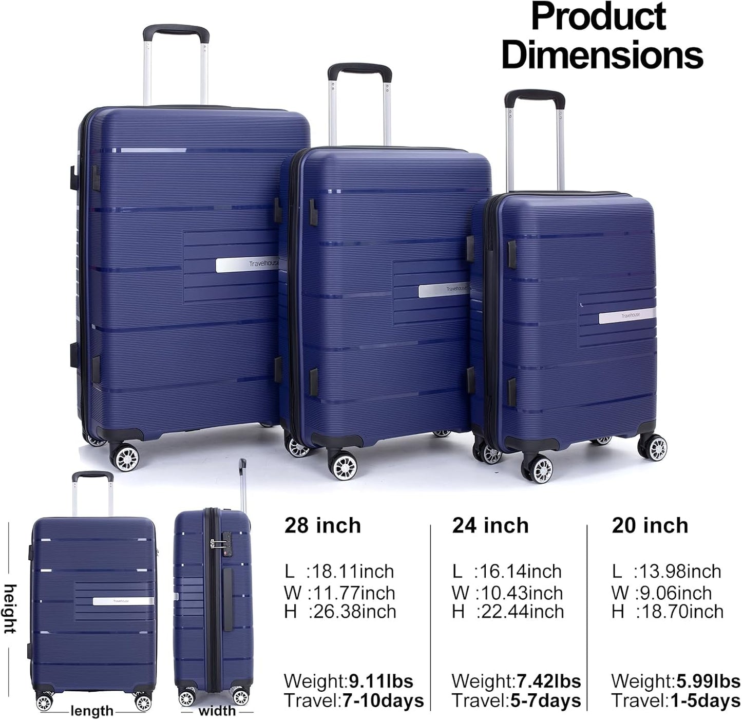 Luggage 3 Piece Sets Suitcase Set with Double Spinner Wheels, Lightweight Carry On Hardside Travel Luggage with TSA Lock, (20/24/28) (Navy)