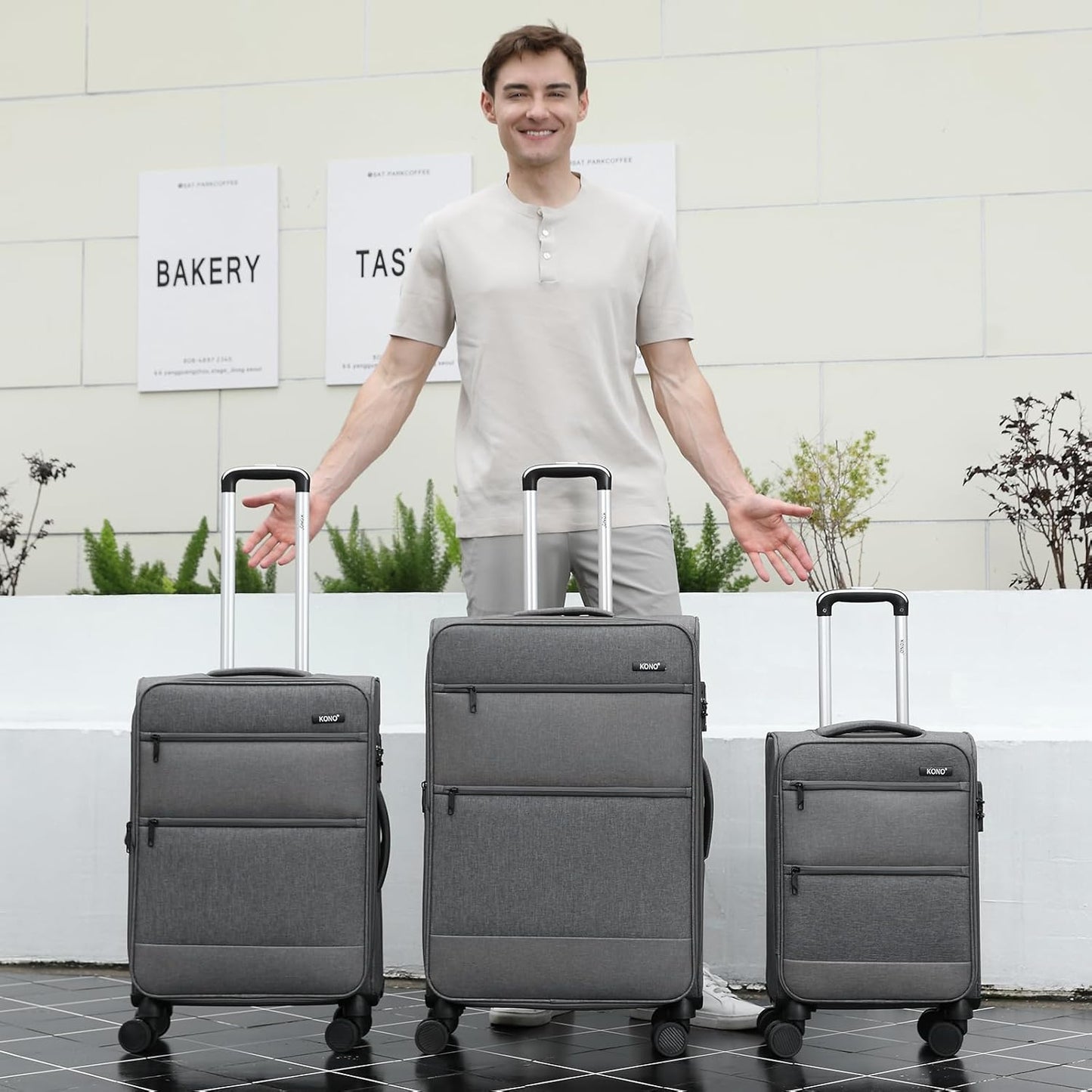 Kono 24 Inch Softside Expandable Checked Luggage with 8 Spinner Wheels TSA Lock Softshell Lightweight Business Travel Suitcase for Men and Women, Grey