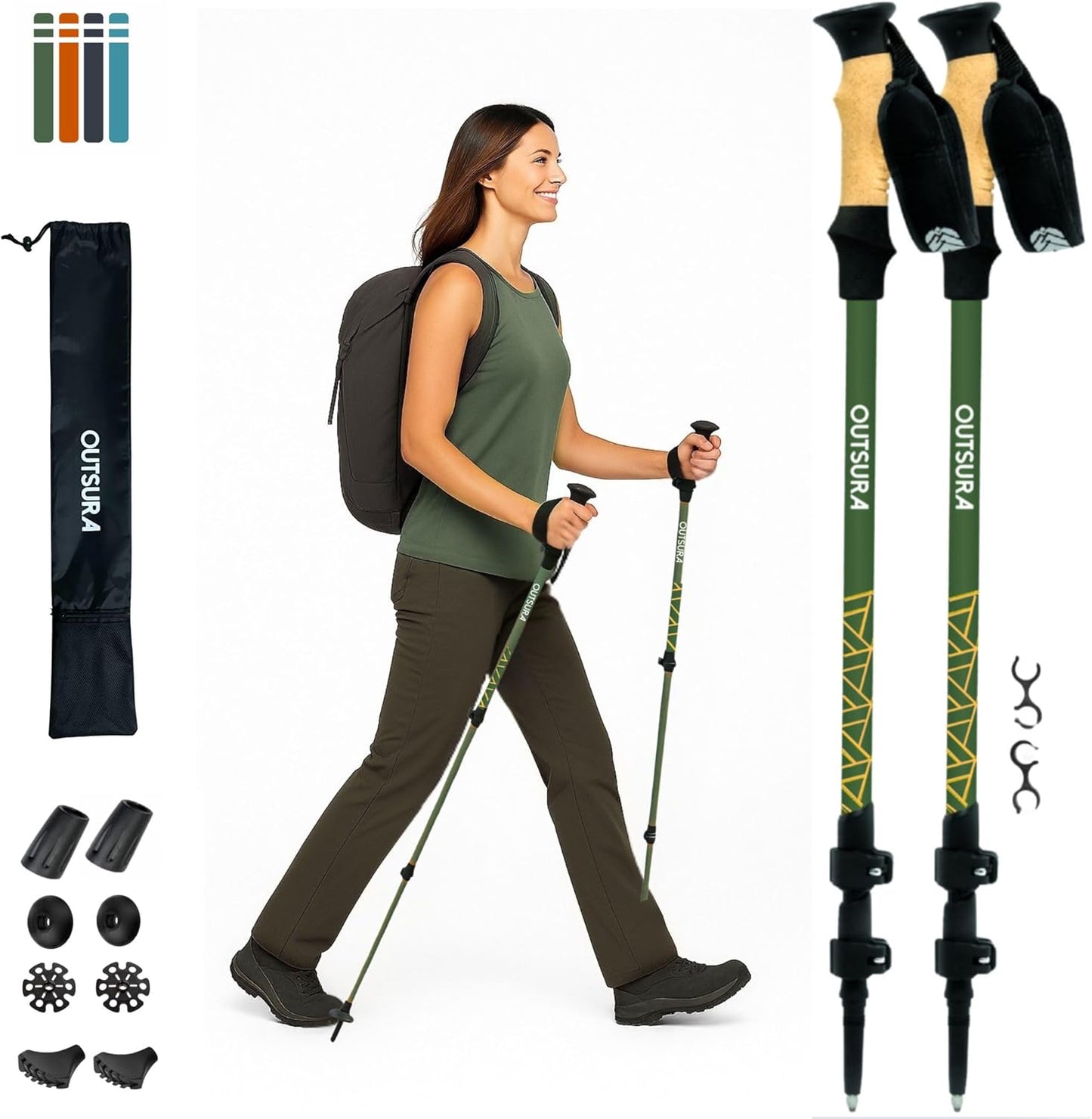 Outsura Trekking Poles for Hiking Collapsible Lightweight Aircraft Graded Aluminum Hiking Poles with Cork Grip & Quick Lock, Pair of 2 Walking Sticks for Seniors Trail & Backpacking