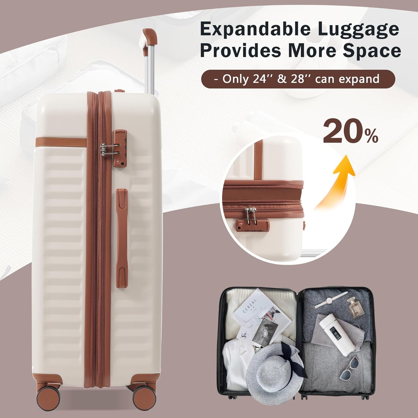 Merax 3 Piece Luggage Sets, Hardside Lightweight Carry on Suitcase,Durable Expandable Luggage with Travel Bags Spinner Wheels and TSA Lock,White and Brown