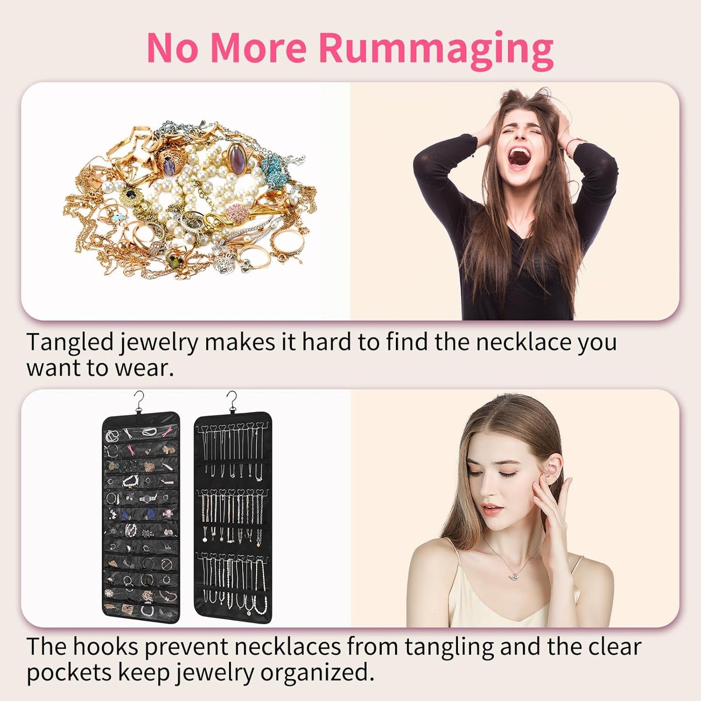 Bloss Hanging Jewelry Organizer with 48 Pockets, Double-Size Hanging Jewelry Holder with Hanger Hooks, Jewelry Organizers and Storage for Earrings, Necklaces and Rings.(All Black)