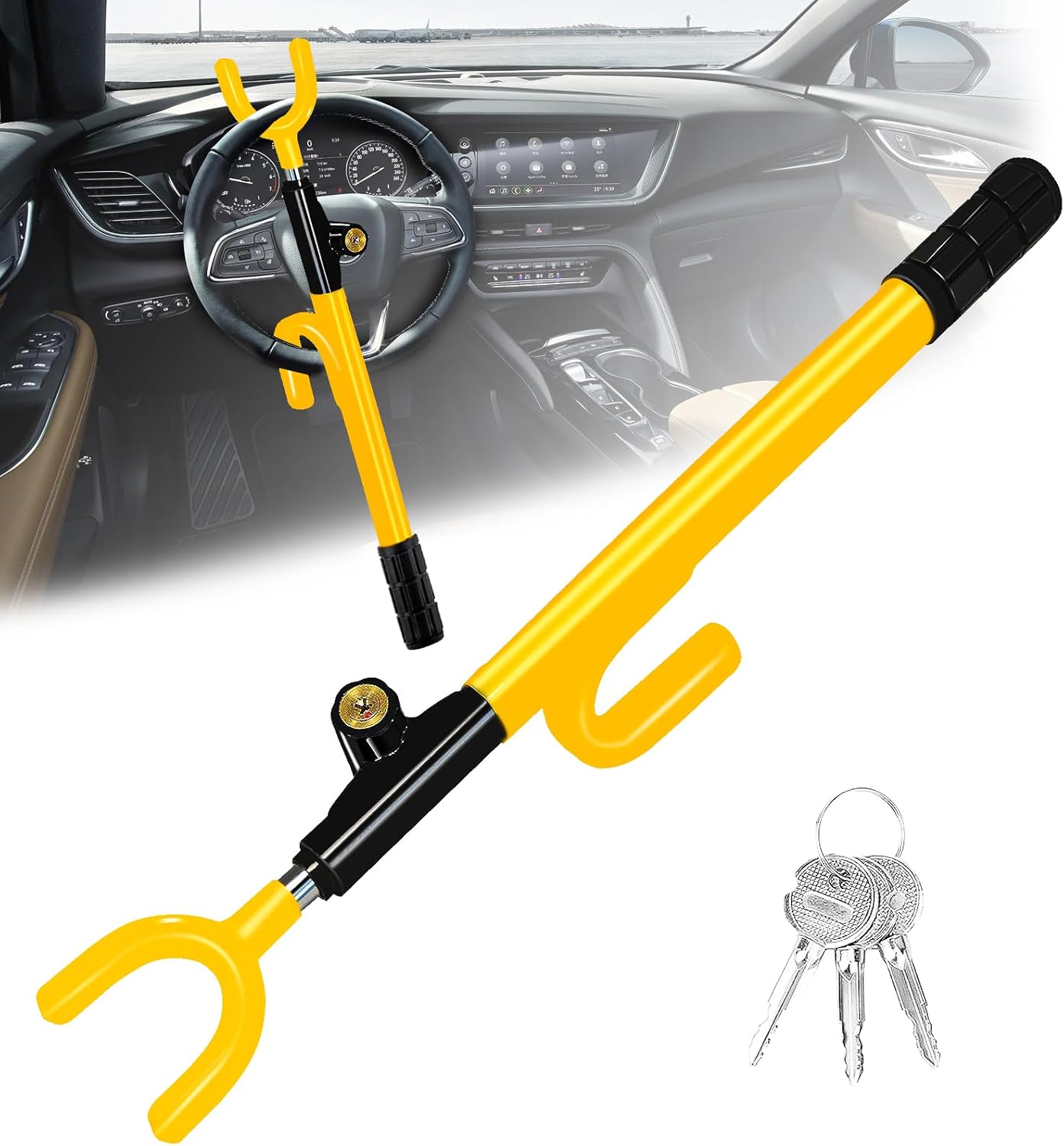 Steering Wheel Lock,Heavy Duty Anti-Theft Car Device,Adjustable Length Locking with 3 Keys Universal Fit for Cars Trucks Vans and SUVs (Yellow)