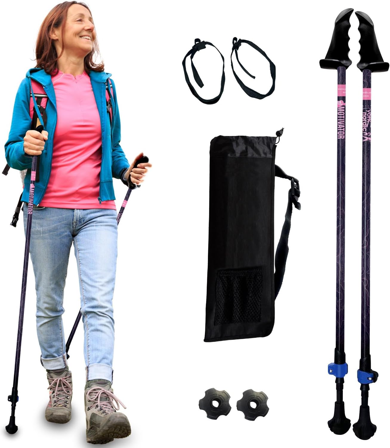 York Nordic Motivator Walking Poles for Balance and Rehab - Patented Stability Grips - Lightweight, Adjustable, and Collapsible - 2 Pieces Adjustable w/flip Locks - Heights 4'6" up to 6'2" - 230 lbs