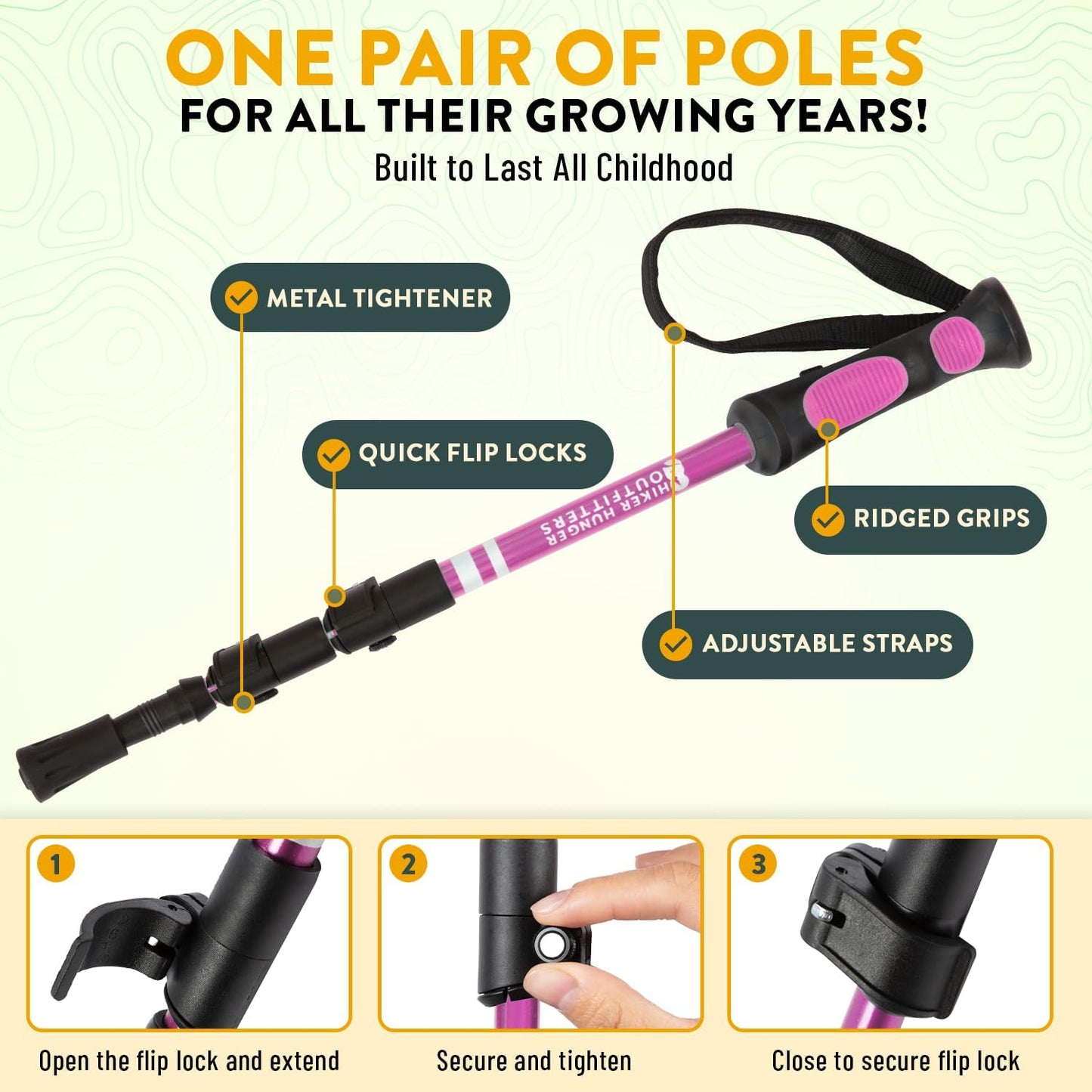 Kids Hiking Poles by USA Brand - Lightweight Collapsible Kids Walking Stick w/Quick Adjustable Flip Locks