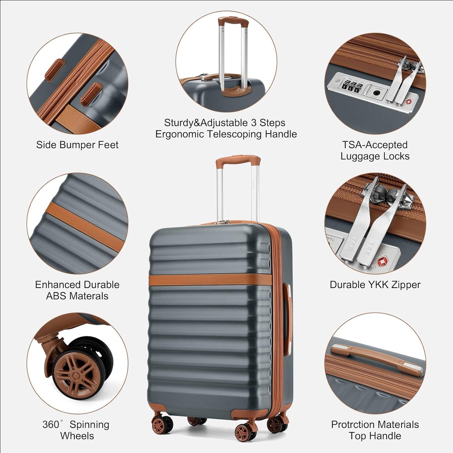 Kono Expandable 28 Inch Large Checked Luggage: ABS+PC Hardside Trolley Travel Case - Hard Shell Suitcase with TSA Lock,Grey Brown
