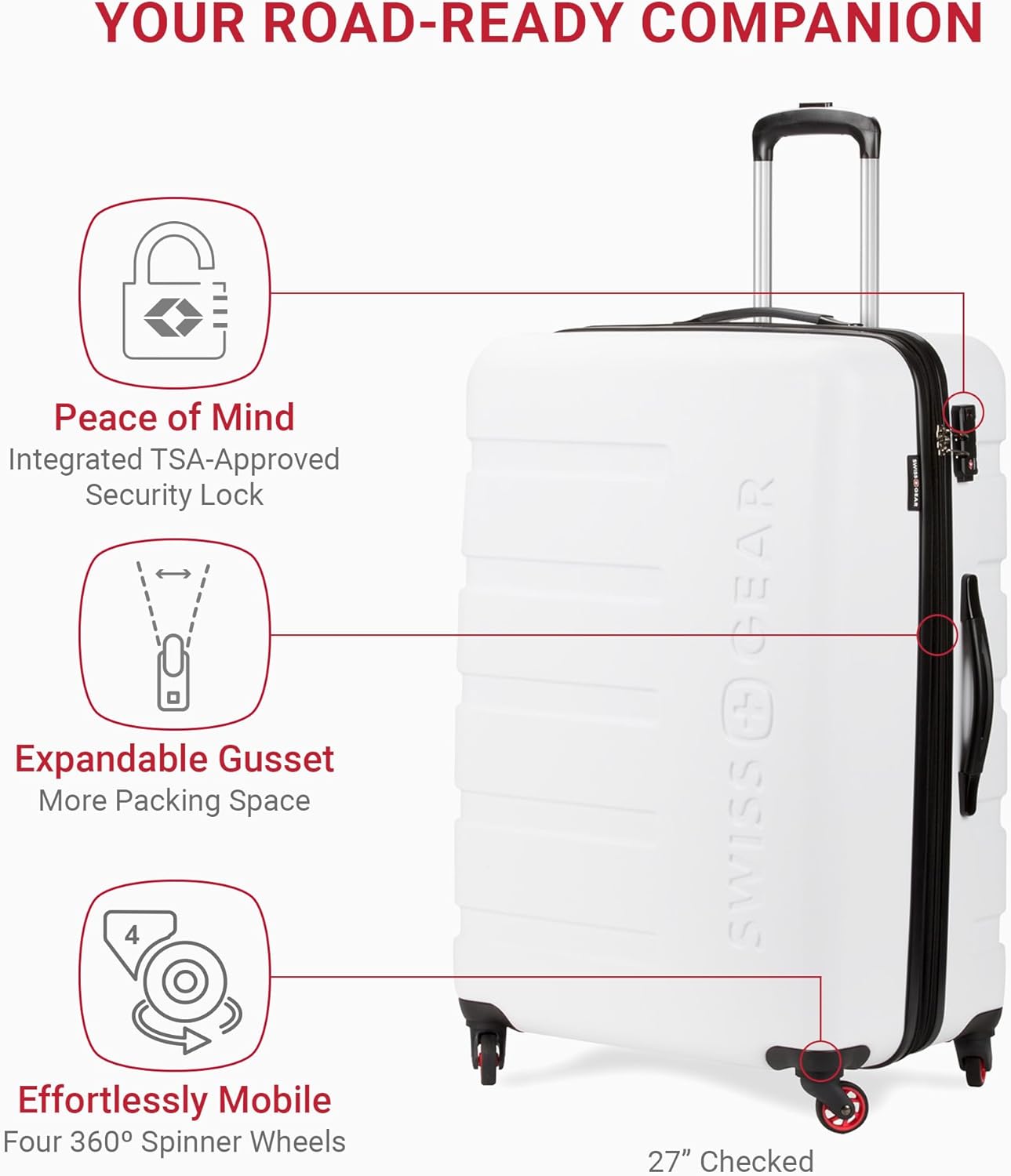 SwissGear 7366 Signature Hardside Expandable Luggage with Spinner Wheels, TSA Lock, Cup-Holder, White, 3-Piece Set (19/23/27)