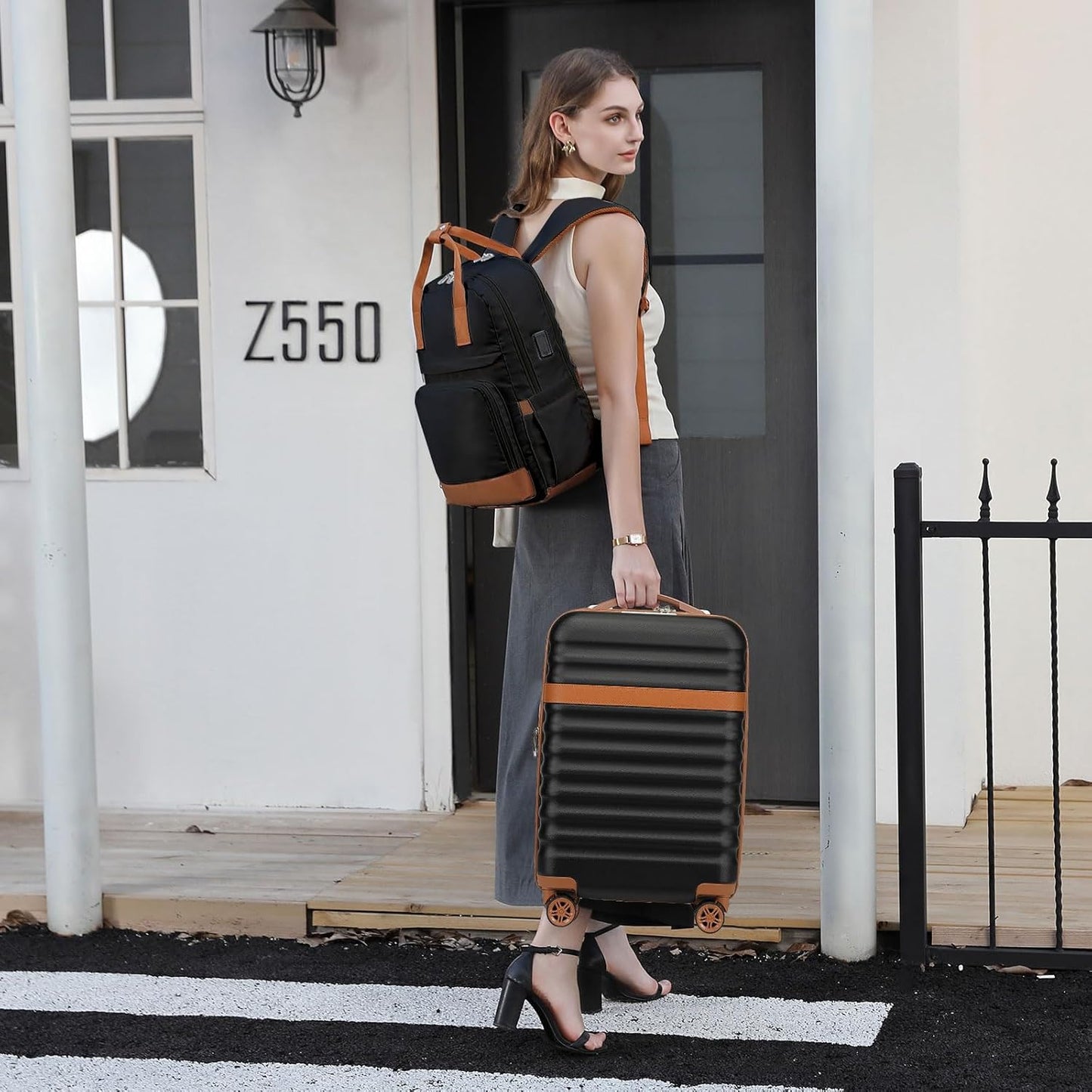 Kono Airline Approved Suitcase Set 3 Piece Luggage Set Lightweight Carry On Travel Luggage, TSA Lock Spinner Wheels Hardshell (Black/Brown, (BP/TB/20))