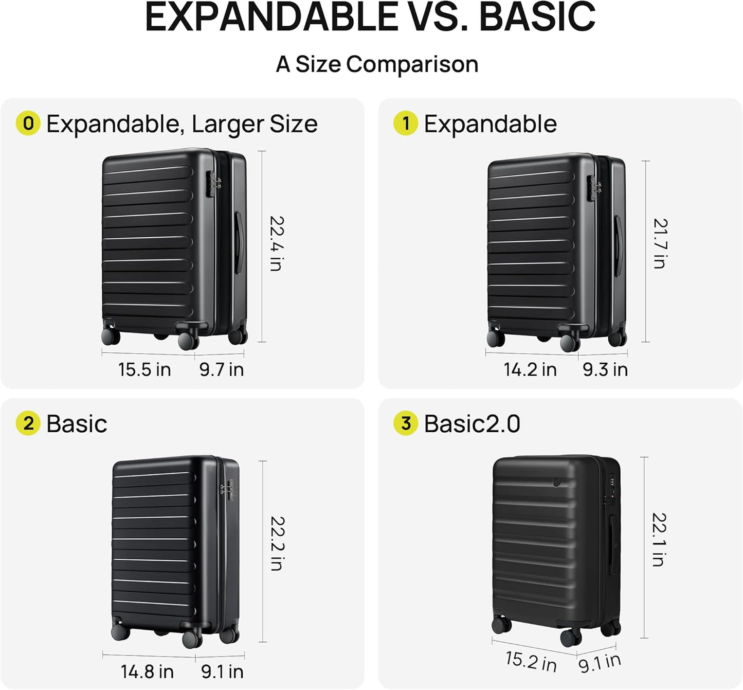 NINETYGO Carry On Luggage 22x14x9 Airline Approved, 20 Inch Luggage with Smooth Spinner Wheels, Expandable, Hard Shell PC Suitcase, Lightweight Travel Luggage, TSA Approved (Black, Rhine Max)