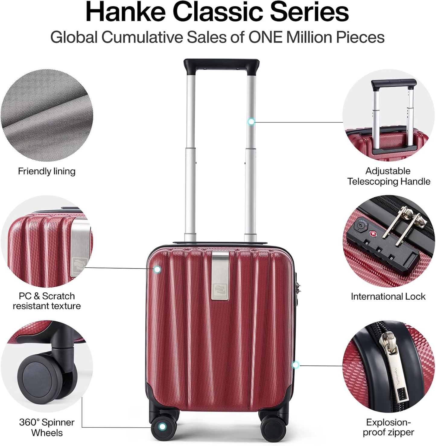 Hanke 14 Inch Underseat Carry On Luggage with Wheels Hard Shell Suitcases Lightweight Small Luggage for Weekender Mini Suitcase Carry On Bag Travel Luggage for Travel Rolling Suitcase.(Burgundy)
