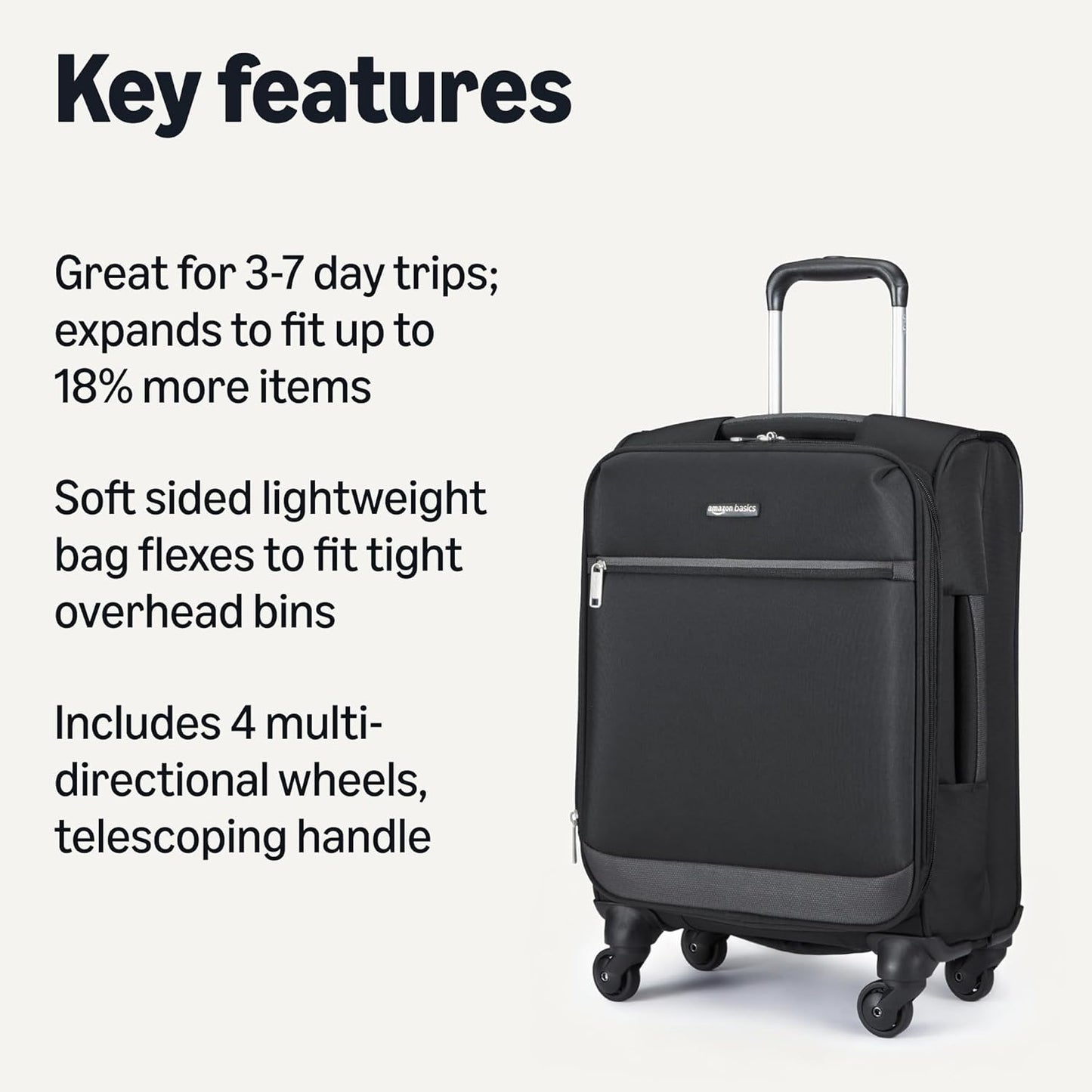 Amazon Basics Luggage, 18" Medium Carry-On Softside Suitcase With Wheels, With Four 360-Degree Multi-directional Spinner Wheels, Expandable Space, ZipperedPocket and Straps, Telescopic Handle, Black