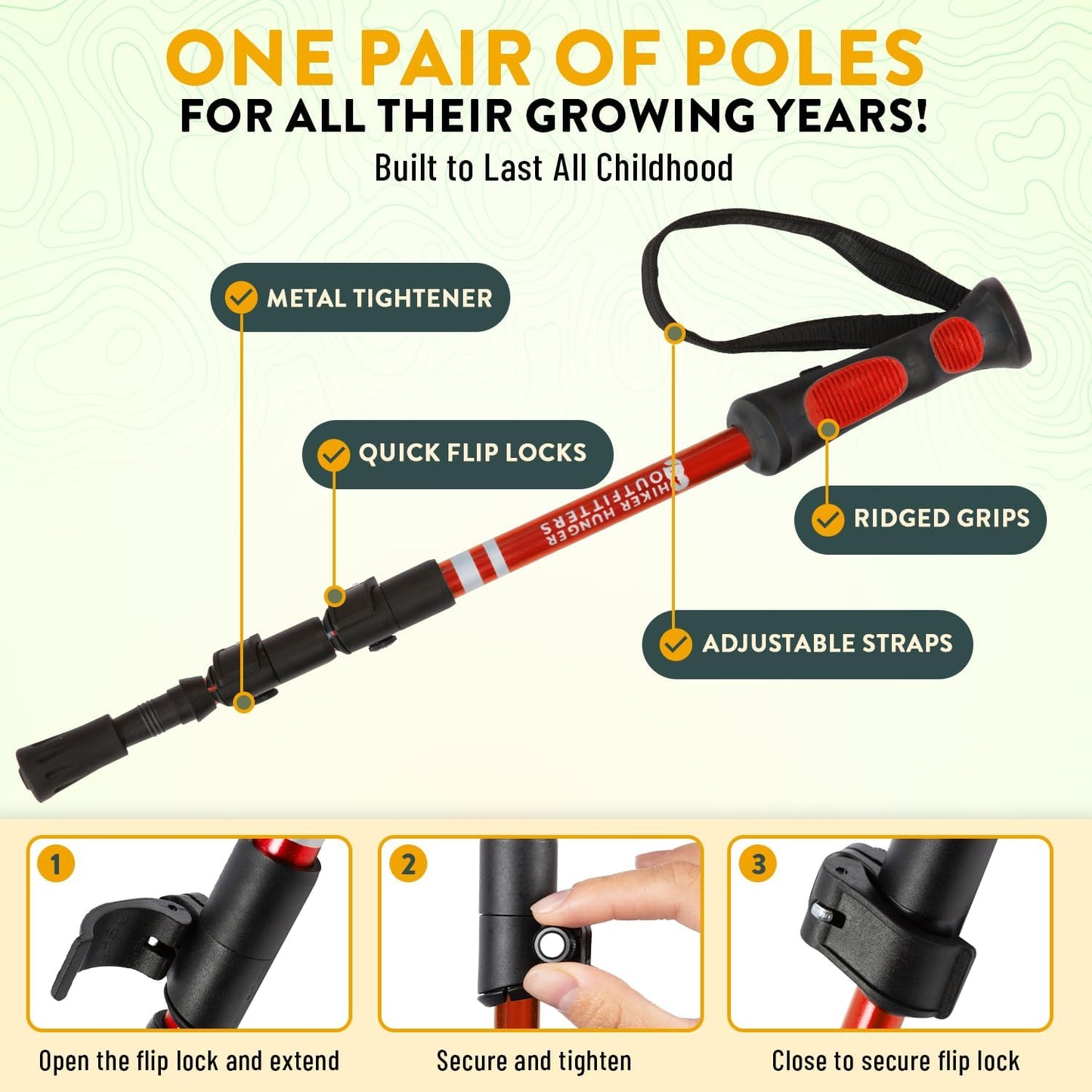 Kids Hiking Poles by USA Brand - Lightweight Collapsible Kids Walking Stick w/Quick Adjustable Flip Locks