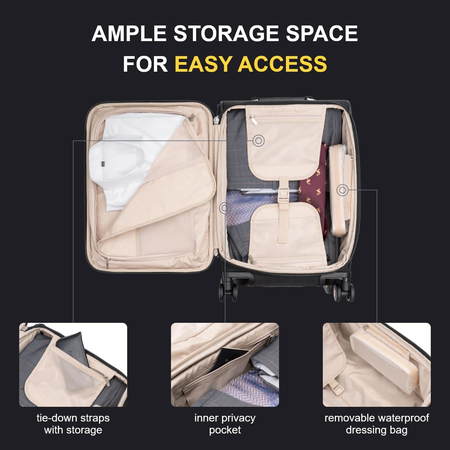 LEVEL8 Carry On Luggage with Compartment, 20 Inch Softside Expandable Travel Rolling Suitcase with Spinner Wheels, Tsa Locks, Men and Women, Black