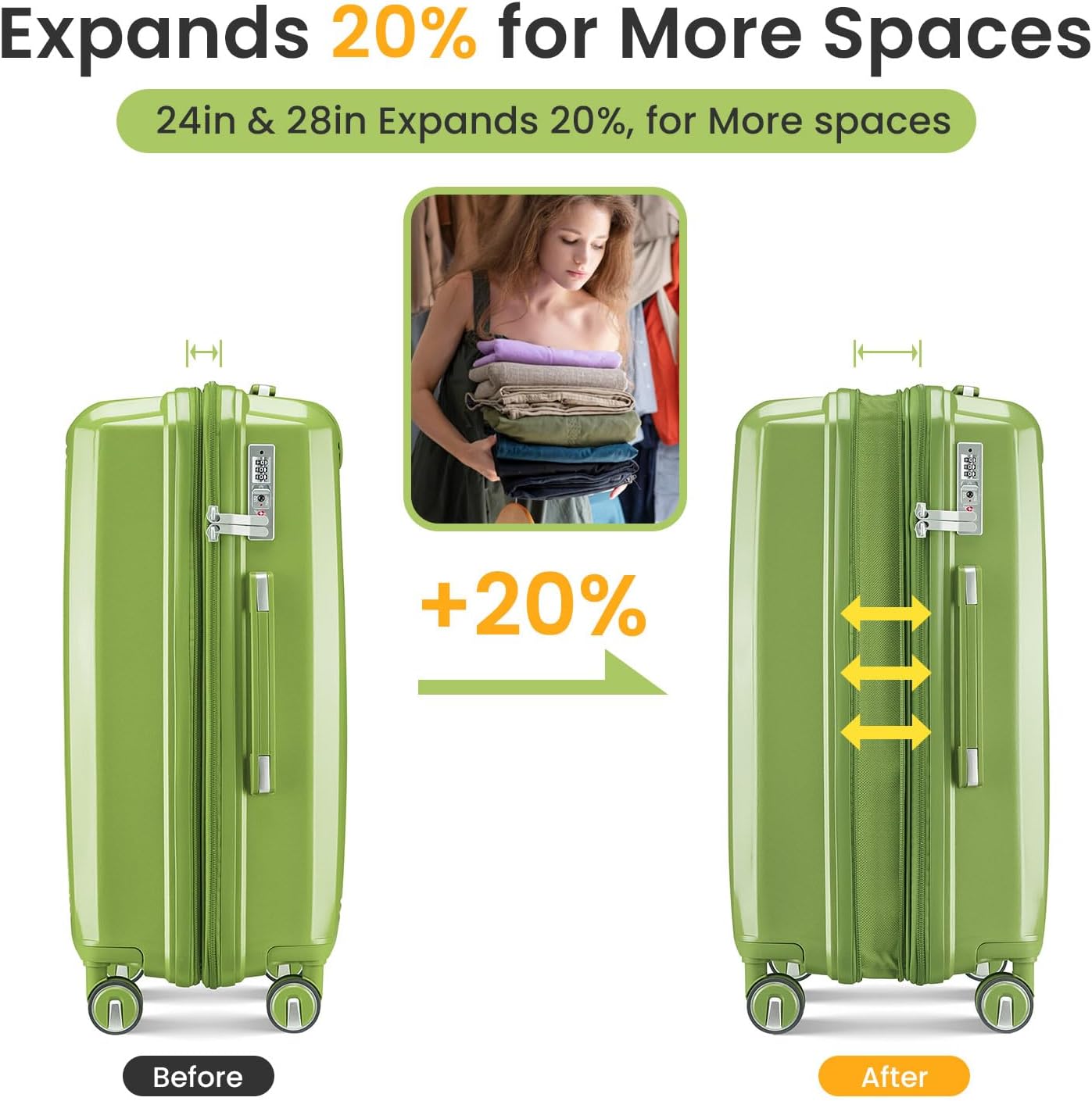 4-Piece Expandable Hardshell Luggage Set with TSA Lock (14/20/24/28) - Lightweight PP Suitcases, 360° Silent Spinner Wheels and Durable 100LB Handle for Air Travel (C# Olive Green)