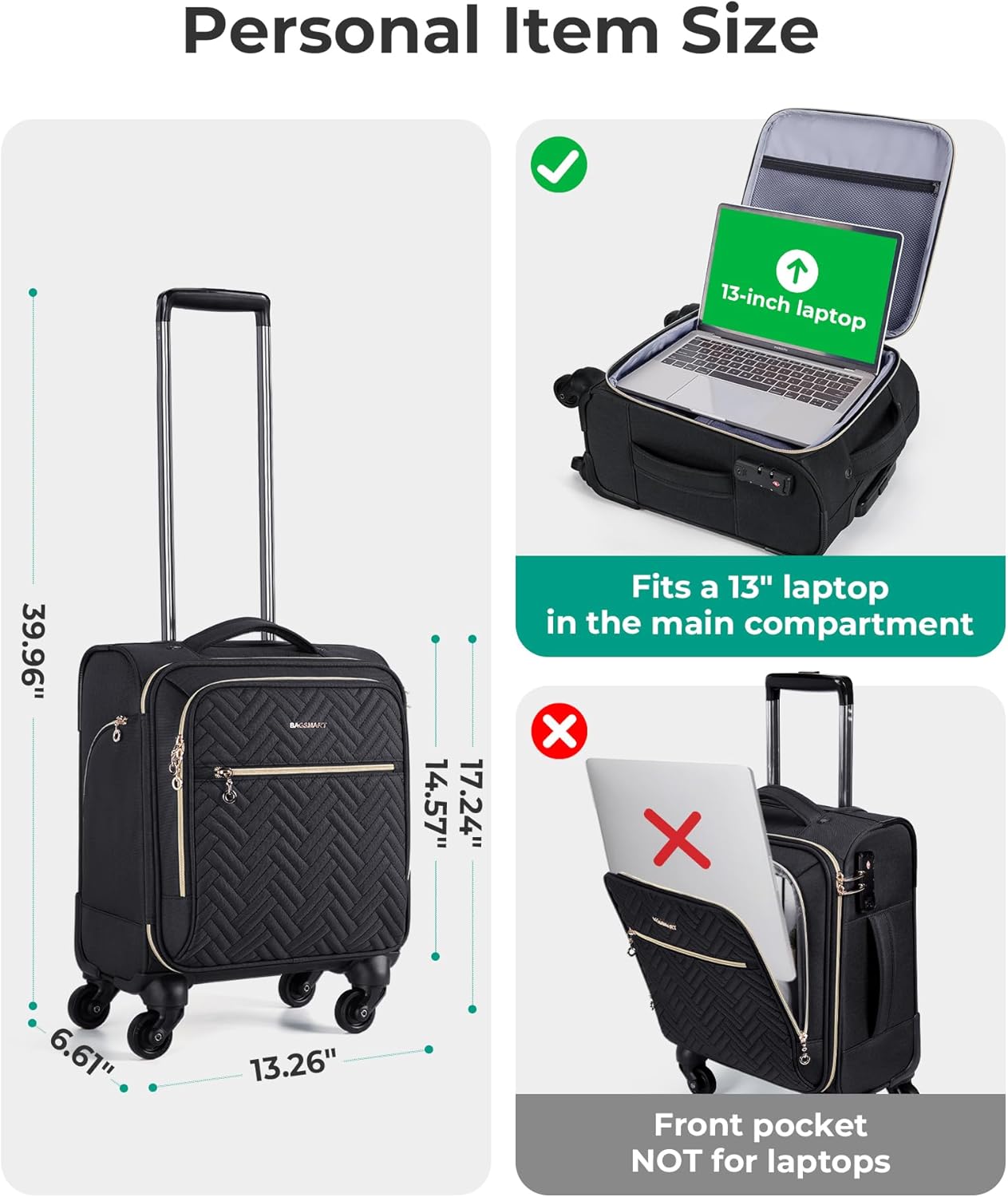 BAGSMART Underseat Carry On luggage Airline approved, 16-inch Softside Underseater Travel Suitcase with Spinner Wheels Lightweight Overnight Bag Small Rolling Carry-on for Women Men Weekender,Black