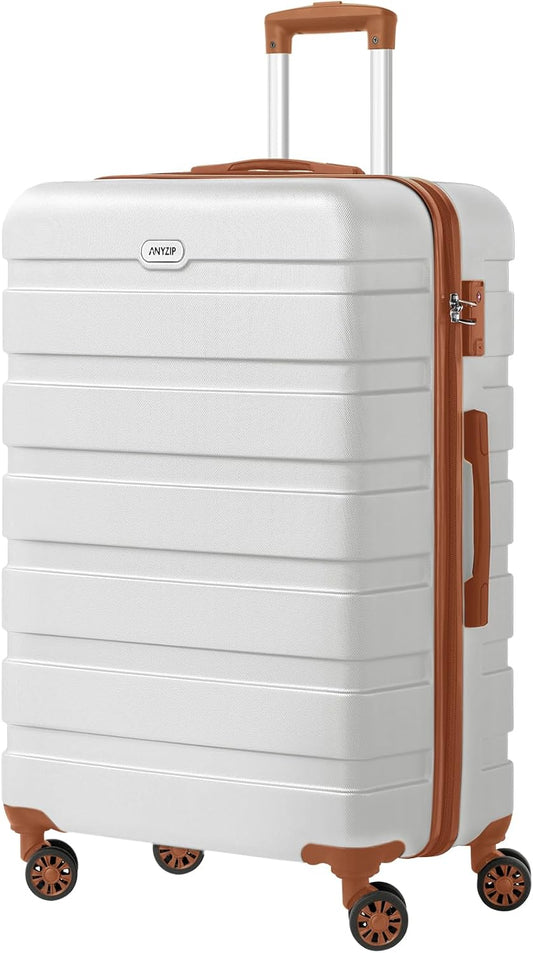 AnyZip Luggage PC ABS Hardside Lightweight Suitcase with 4 Universal Wheels TSA Lock Checked-Large 28 Inch White Brown