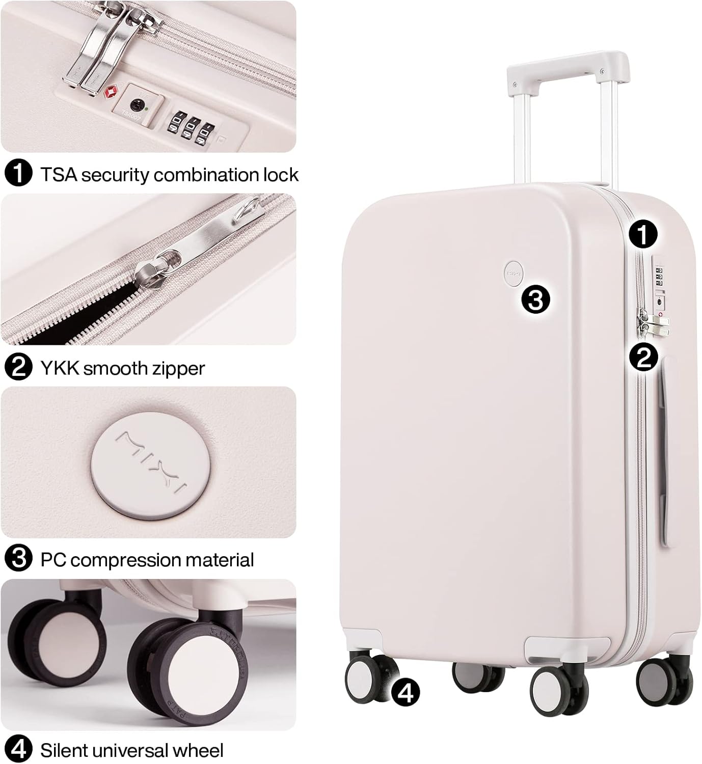mixi Luggage Suitcase with Spinner Wheels, Hardside Rolling Suitcase PC with Cover & TSA Lock Lightweight Travel Case 24in Checked in, Off White（Slight Pink）