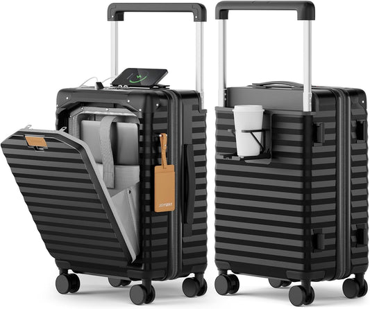 Joyway 20 Inch Carry on Luggage with Front Pocket, PC Hardshell Carry-on Suitcase with USB Port and Cup Holder, 21.5x14.2x9 Airline Approved, Luggage with Spinner Wheels and TSA Lock (Black)