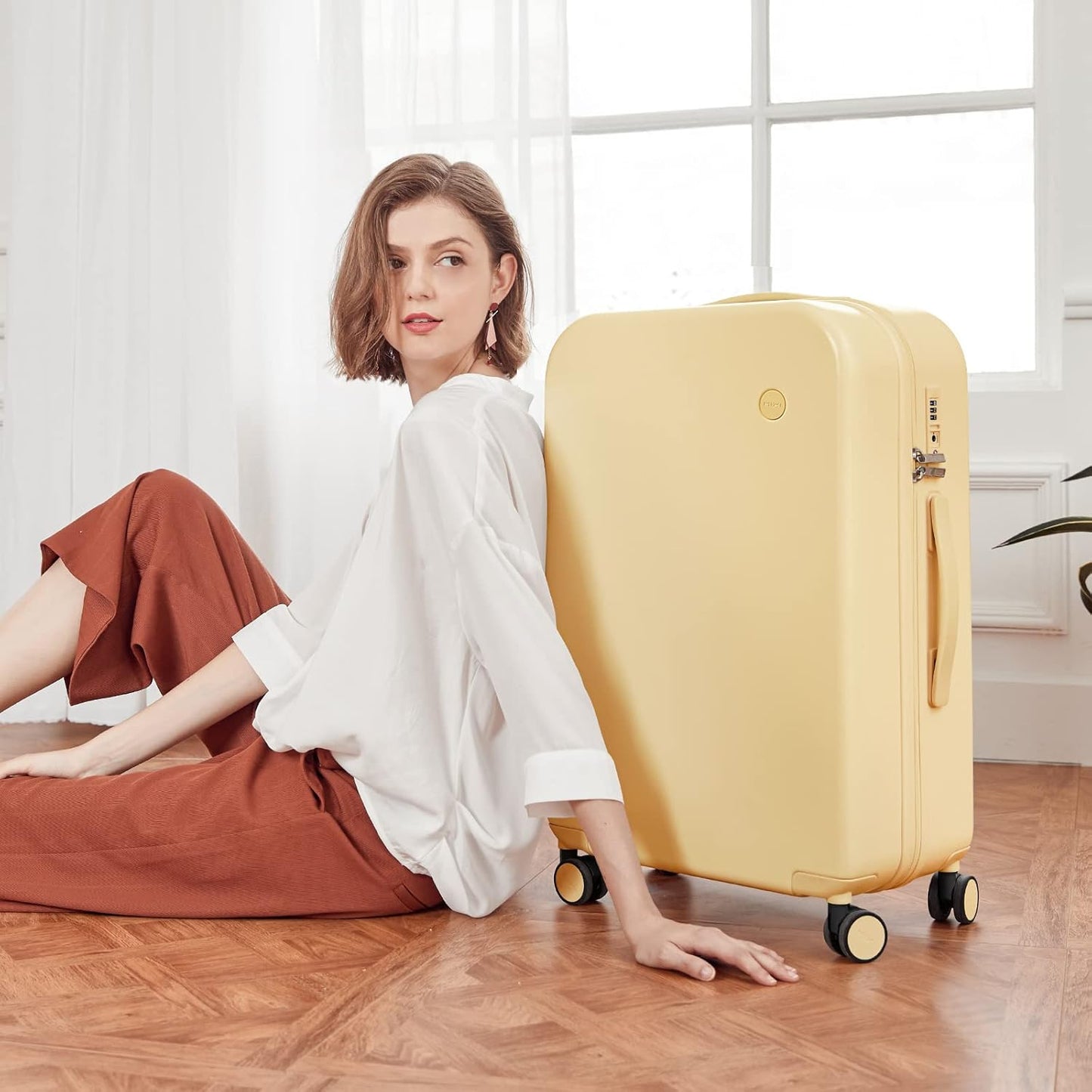 mixi Luggage Suitcase with Spinner Wheels, Hardside Rolling Suitcase PC with Cover & TSA Lock Lightweight Travel Case 24in Checked in, Lark Yellow