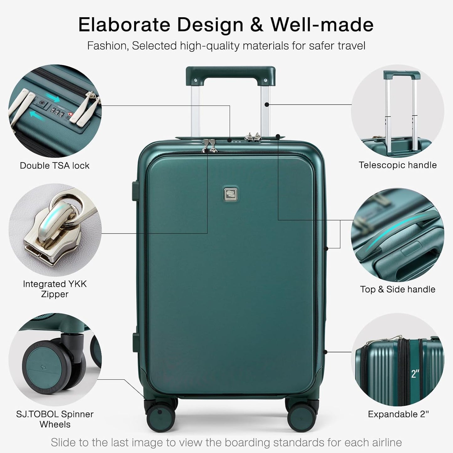 Hanke Grace Expandable Carry On Luggage with Wheels Airline Approved Hard Shell Suitcases with Front Pocket，Top Opening Luggage with TSA Lock for Short Business Travel, Blackish Green.