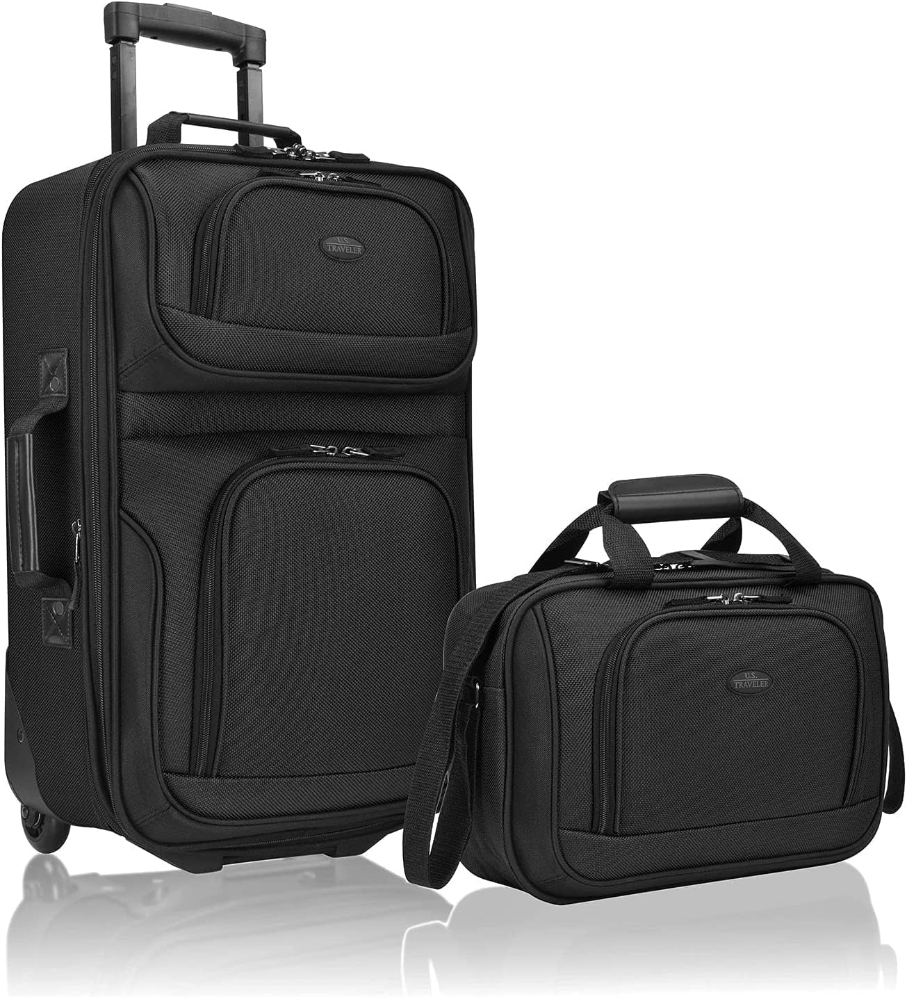 U.S. Traveler, Rio Rugged Fabric Expandable Upright Rolling Carry-on Luggage Set w/ Tote Bag, Black, 2-Piece (21/14)