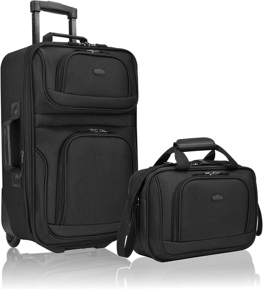 U.S. Traveler, Rio Rugged Fabric Expandable Upright Rolling Carry-on Luggage Set w/ Tote Bag, Black, 2-Piece (21/14)