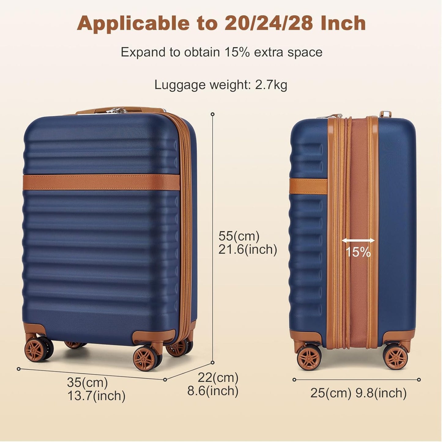 Kono Airline Approved Carry On Luggage 22x14x9 inches, with TSA Lock, 20 Inch Expandable Lightweight Hardshell Suitcase (Navy, Suitable for 1-3 Days of Travel)
