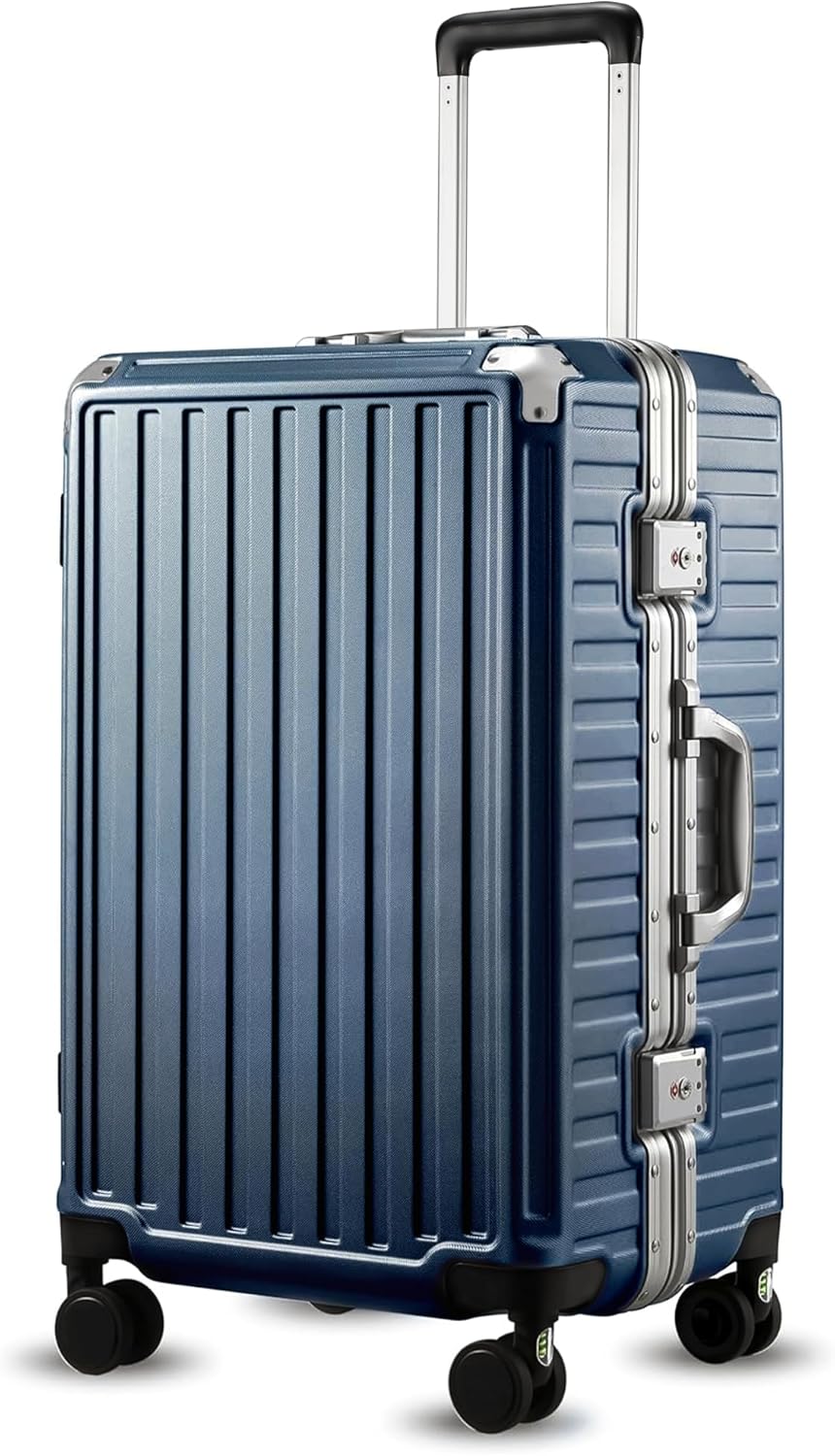 Checked Luggage with Spinner Wheels, 8010S Aluminum Frame Zipperless Polycarbonate Hard Shell Suitcase (ZX-Core, Blue, 24 Inch)