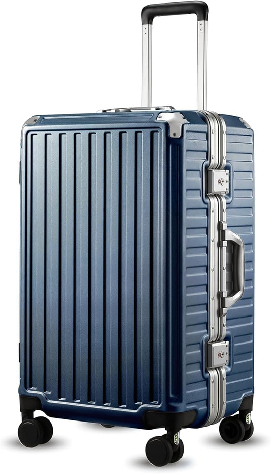 Checked Luggage with Spinner Wheels, 8010S Aluminum Frame Zipperless Polycarbonate Hard Shell Suitcase (ZX-Core, Blue, 24 Inch)