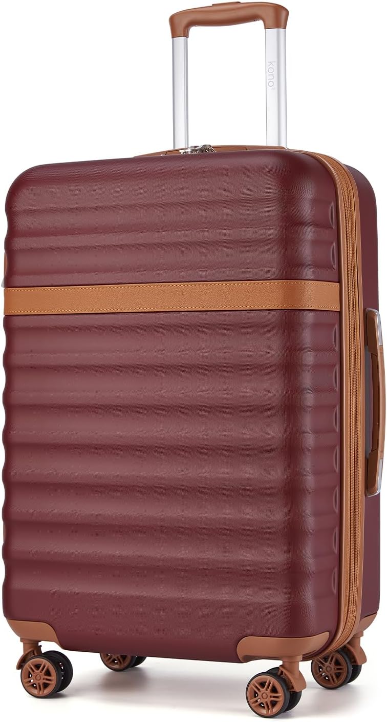 Kono Medium Sized Checked Luggage, 24 Inch Expandable with Spinner Wheels, TSA Lock, ABS + PC Lightweight Travel Suitcase with Larger Capacity and Lighter Weight, Burgundy
