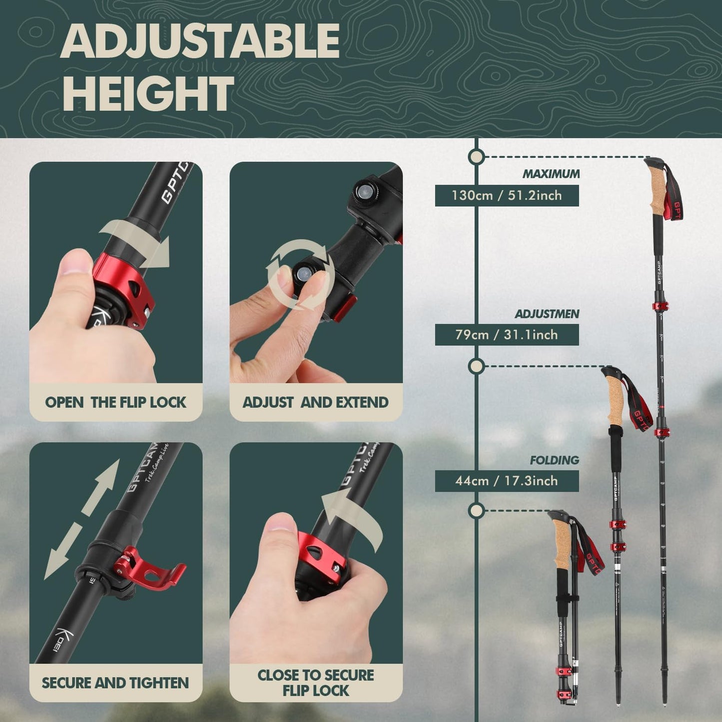 GPTCAMP Walking Sticks,Trekking Poles Collapsible Hiking Poles,Lightweight Folding Travel Walking Pole for Men Women,2pc Adjustable Hiking Stick with EVA Foam Grips for Backpacking