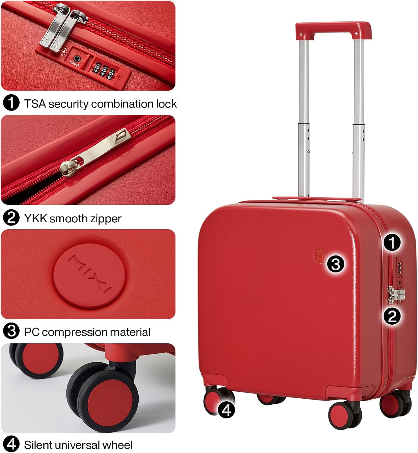mixi Carry on Luggage, Suitcase with Spinner Wheels 16in Luggage Hardshell Lightweight Rolling Suitcases PC with Cover & TSA Lock, Red