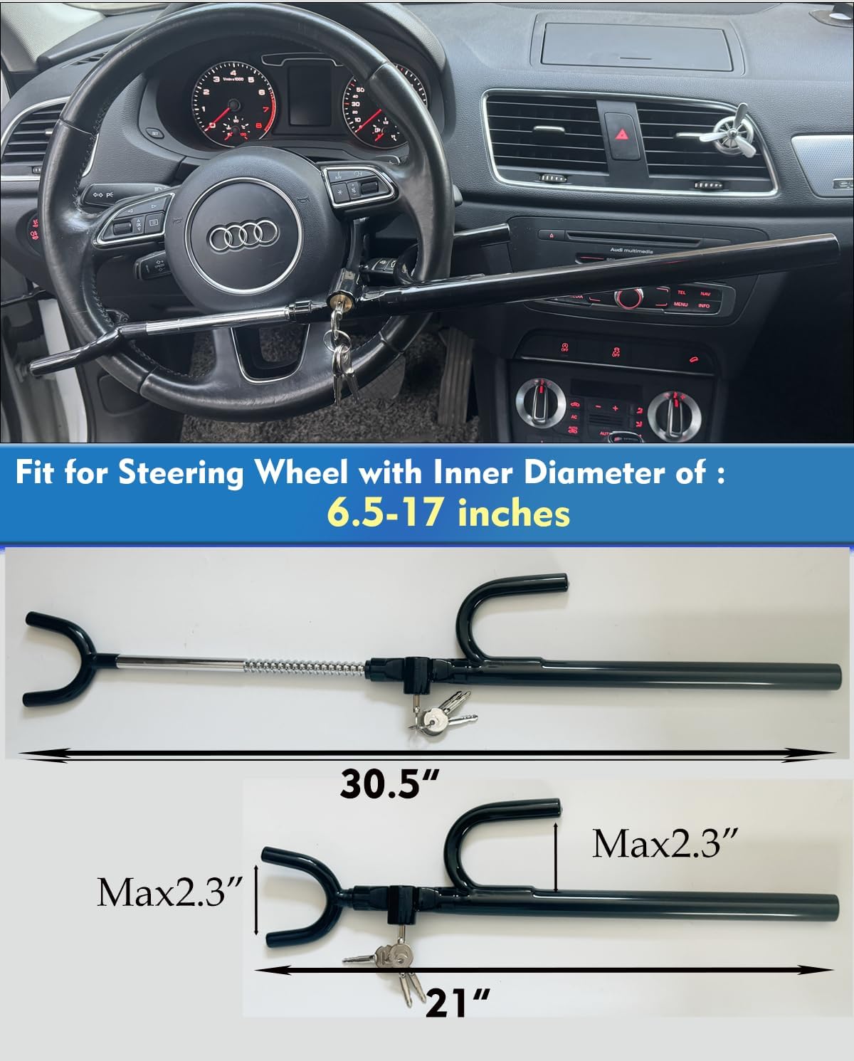 Steering Wheel Lock Anti-Theft car Device Car Wheel Locks Heavy Duty Vehicle Security Steering Wheel Lock for Truck Car Vehicles Van Lorry SUV with 4 Keys, Elongated Length MAX 30.5“ Black
