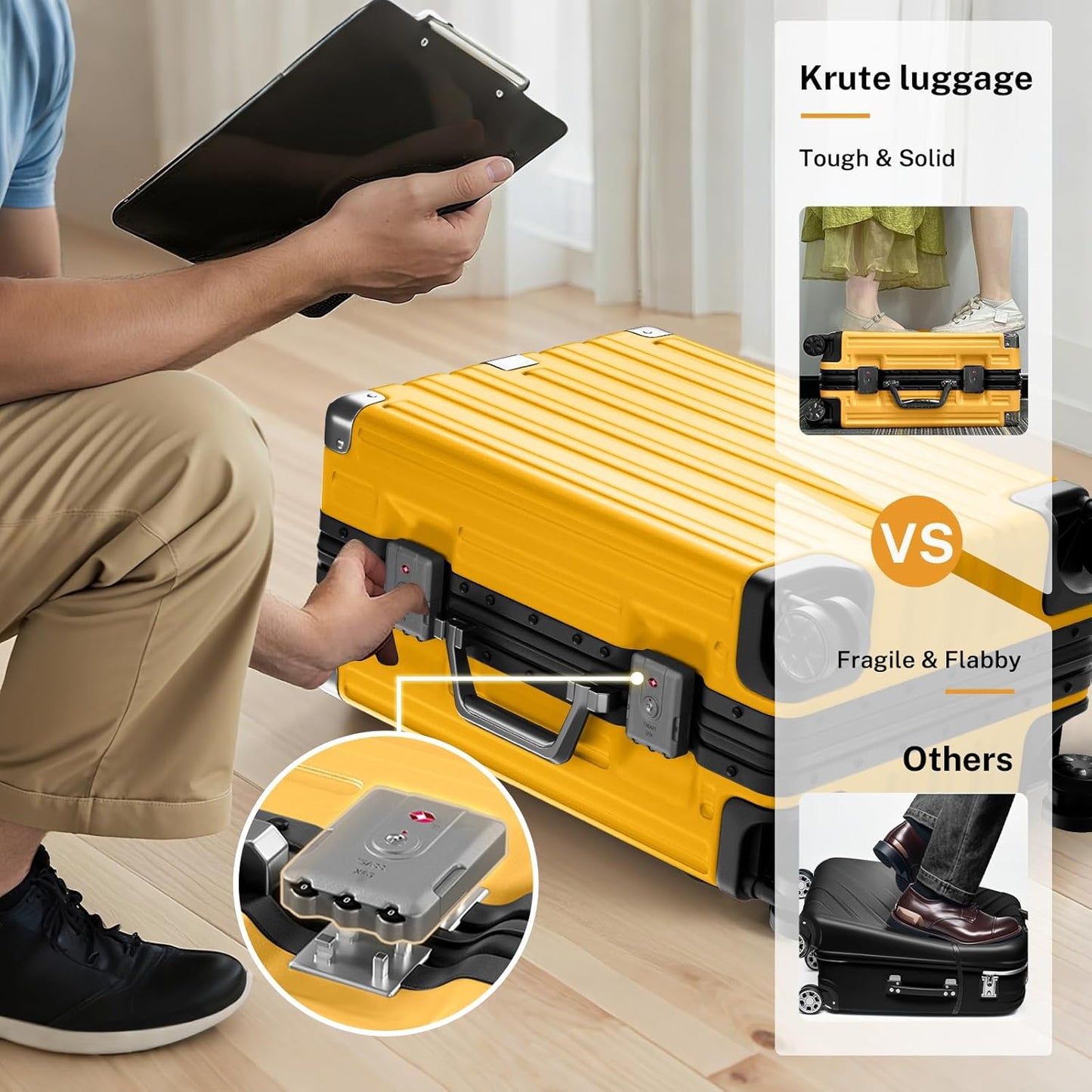 Krute Checked Aluminum Frame Suitcase 24 Inch Zipperless Luggages Hardside PC Luggage With Spinner Wheels TSA Lock USB Charger Suitcases(1 Piece)