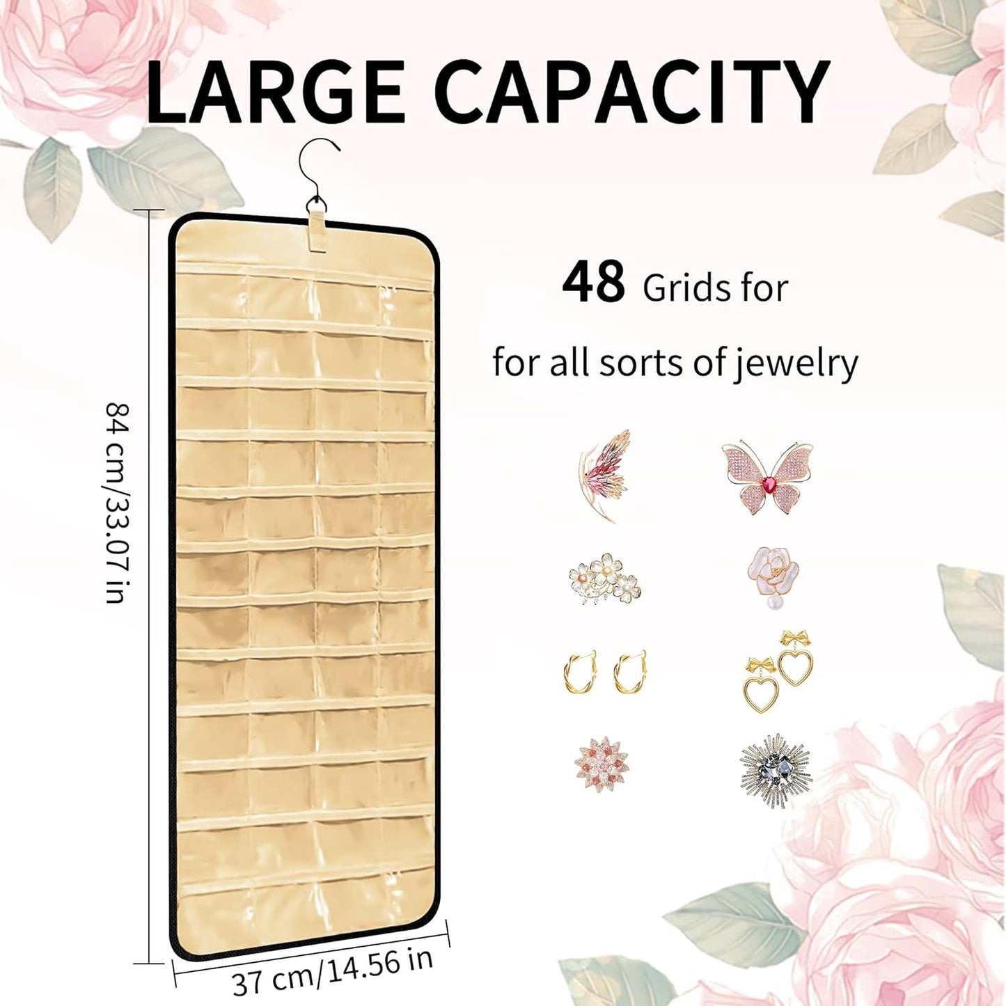 Bloss Hanging Jewelry Organizer-48 Pockets Dual-Sided Hanging Jewelry Organizers and Storage for Necklaces, Earrings Holder on Closet, Wall, Door, Christmas Gifts for Women,Blcak