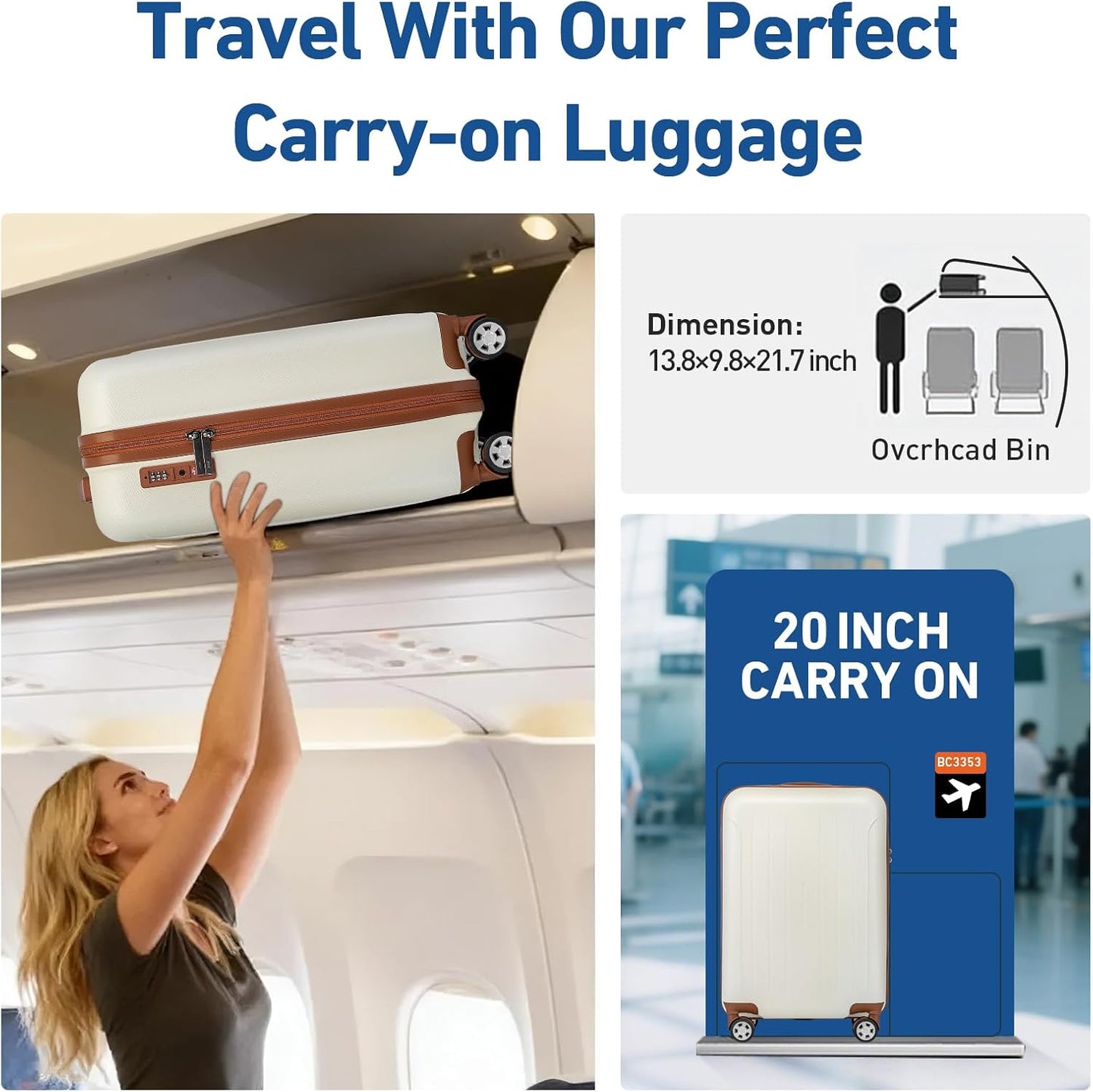 KYME Carry on luggage 22x14x9 Airline Approved Suitcase Hardshell With Double Spinner Wheels, PC+ABS TSA Lock Travel Luggage (Beige, 20" Carry On)