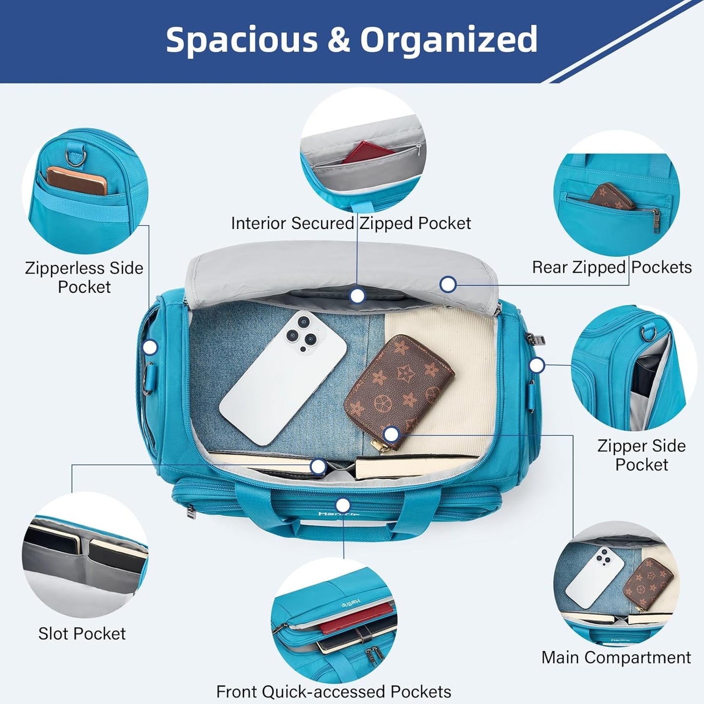 Carry on Duffel Bag Foldable Duffle Bags for Travel, Under Seat Personal Item Bags for Airplanes, Weekender Overnight Mens Travel Tote Bag for Women Softside Carry on Luggage (Caribbean Blue)