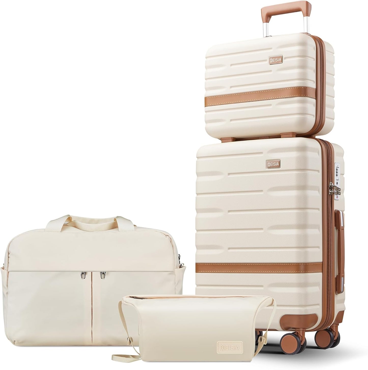 Luggage Sets 3 Piece with TSA Lock Hardside PC+ABS Carry On Suitcase with YKK Zippers Lightweight Rolling Travel Luggage Sets with Spinner Wheels (Beige, 4 Piece Sets(14/20/DB/TB))