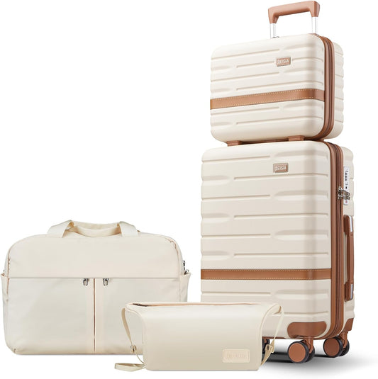 Luggage Sets 3 Piece with TSA Lock Hardside PC+ABS Carry On Suitcase with YKK Zippers Lightweight Rolling Travel Luggage Sets with Spinner Wheels (Beige, 4 Piece Sets(14/20/DB/TB))