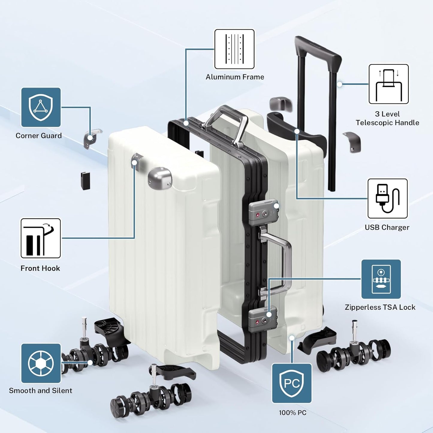 Krute Large Luggage 28 inch Zipperles Suitcase With Spinner Wheels USB Charger Hardside PC Aluminum Frame Luggages Checked Suitcases with TSA Lock (1 Piece)