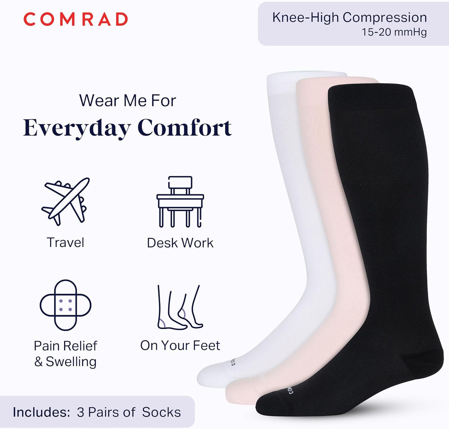 Comrad Nylon Knee High Socks - 15-20mmHg Graduated Compression Socks - Soft & Breathable Support Unisex Socks