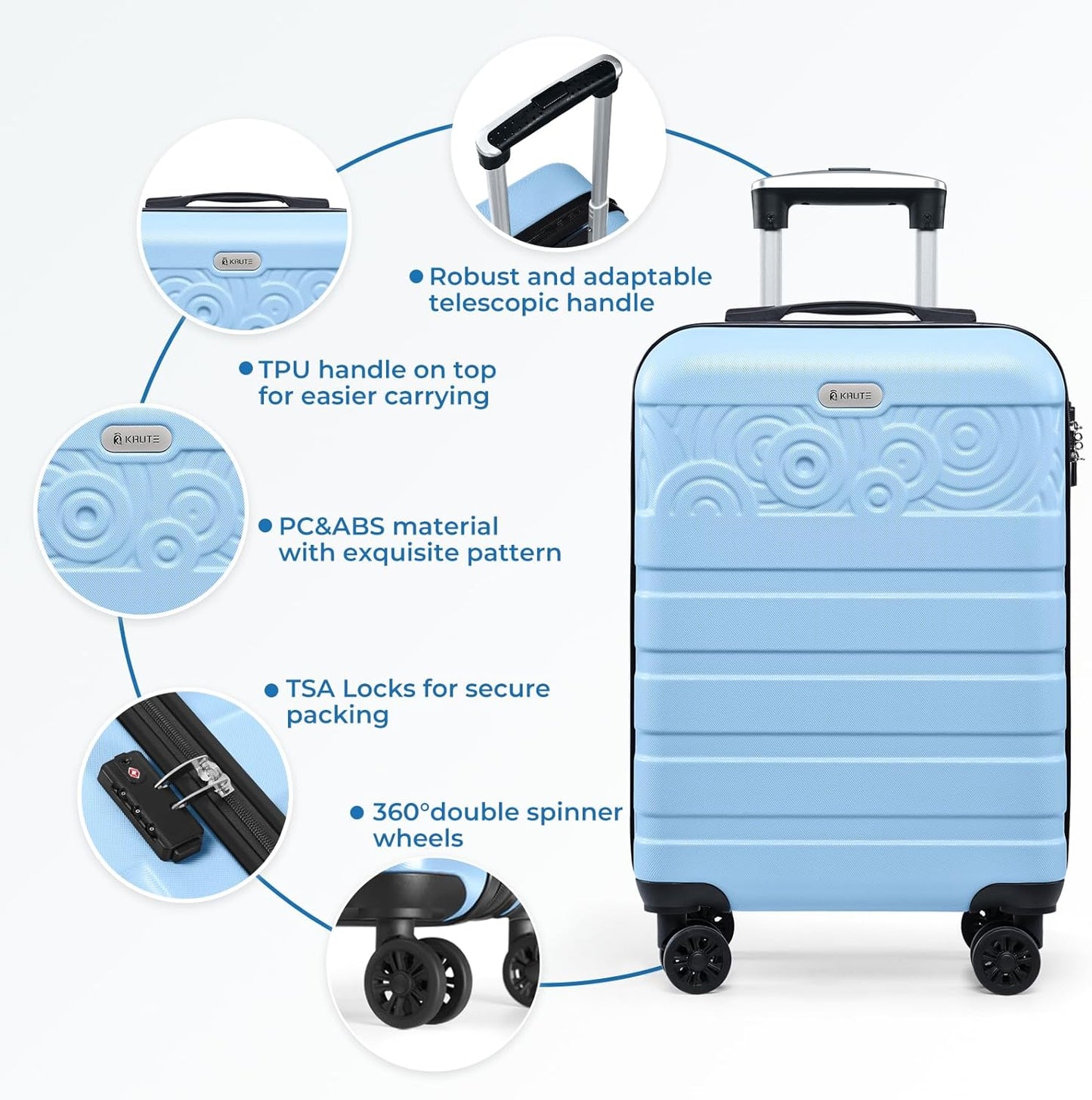 Krute Carry On Luggage 20 inch Suitcase with Spinner Wheels Airline Approved Hard Shell Luggages PC ABS TSA Lock Suitcase